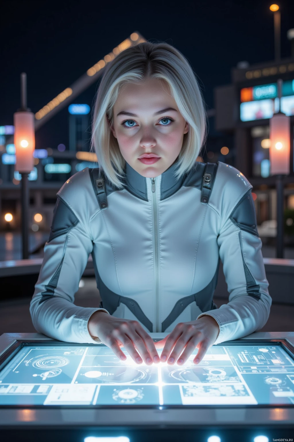 A person in a futuristic outfit interacts with a glowing, high-tech interface.