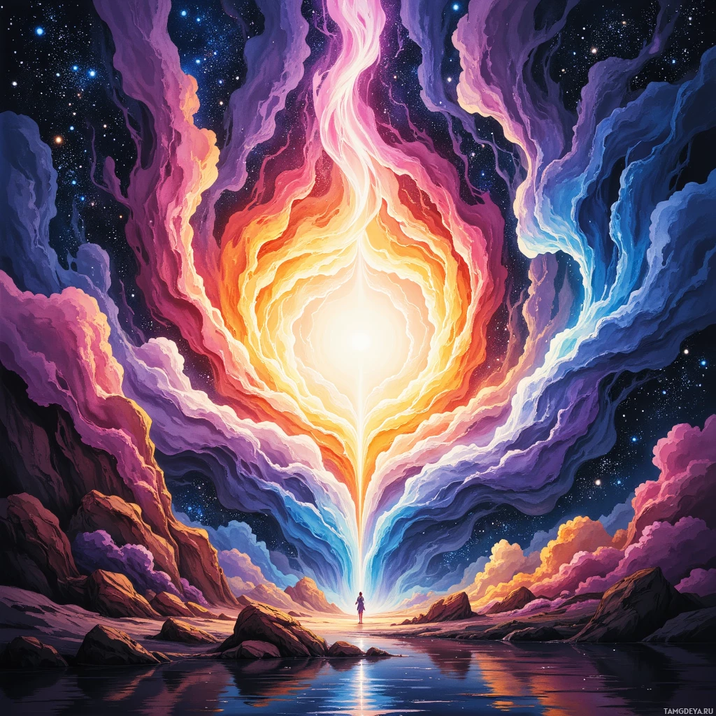 A vibrant, cosmic scene with swirling clouds and a bright light source at the center, reflected in a calm body of water.