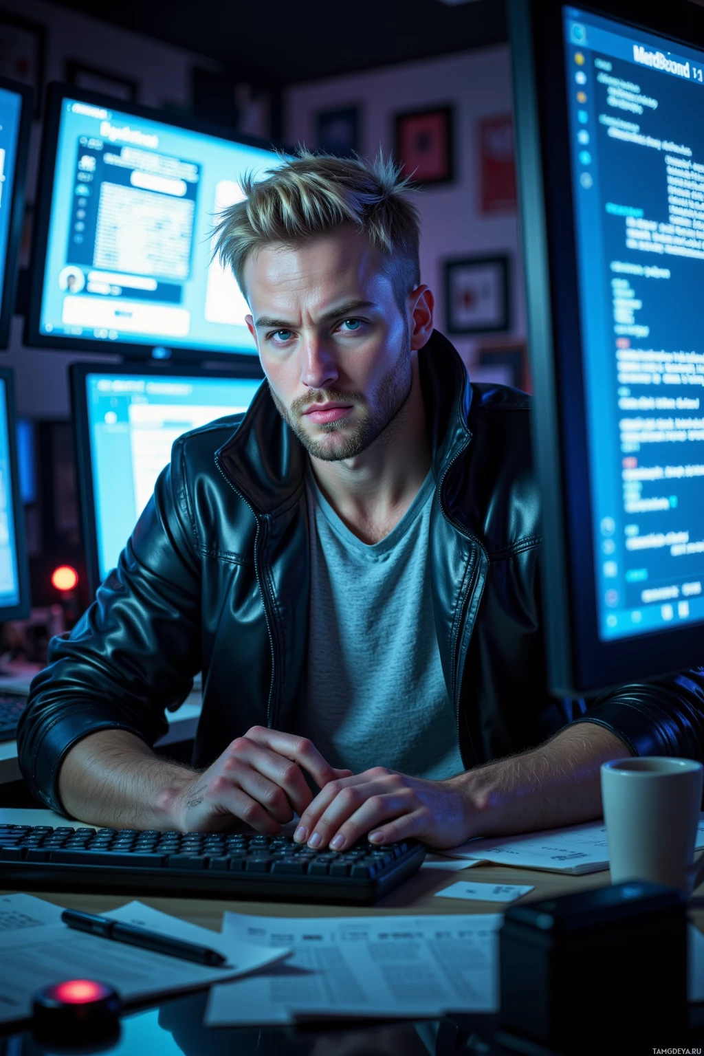 A person wearing a leather jacket is sitting at a desk with multiple computer monitors displaying code and text.