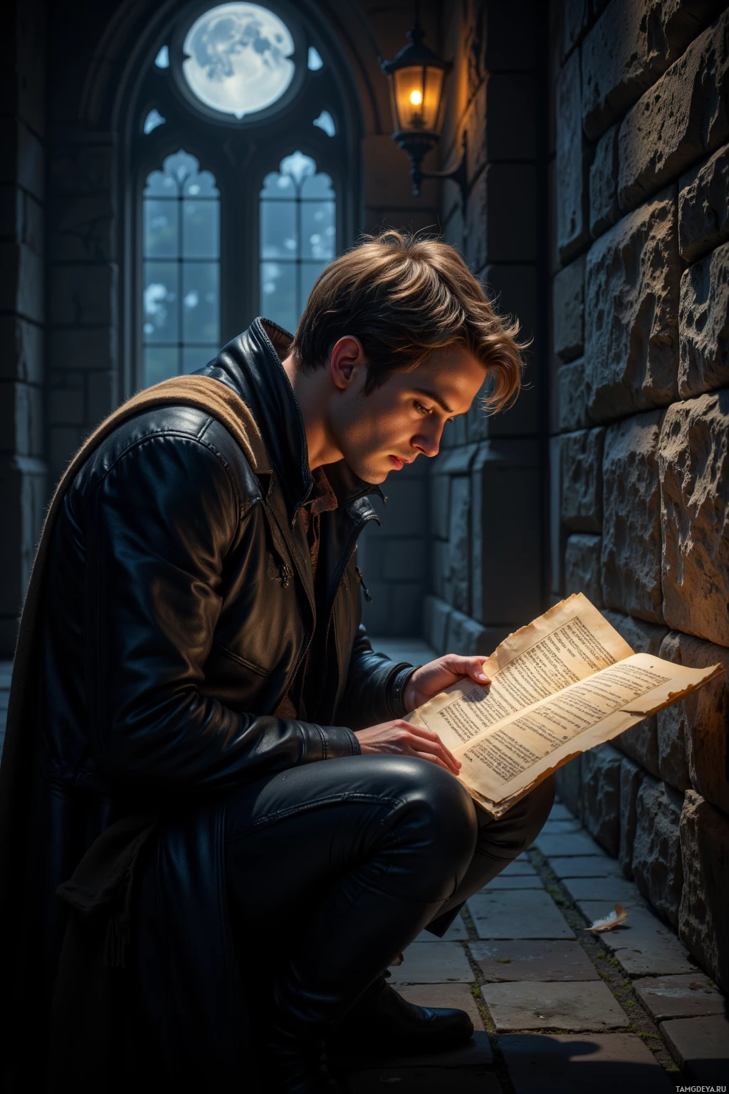 A person in a leather outfit is crouching and reading an open book in a dimly lit stone alleyway.