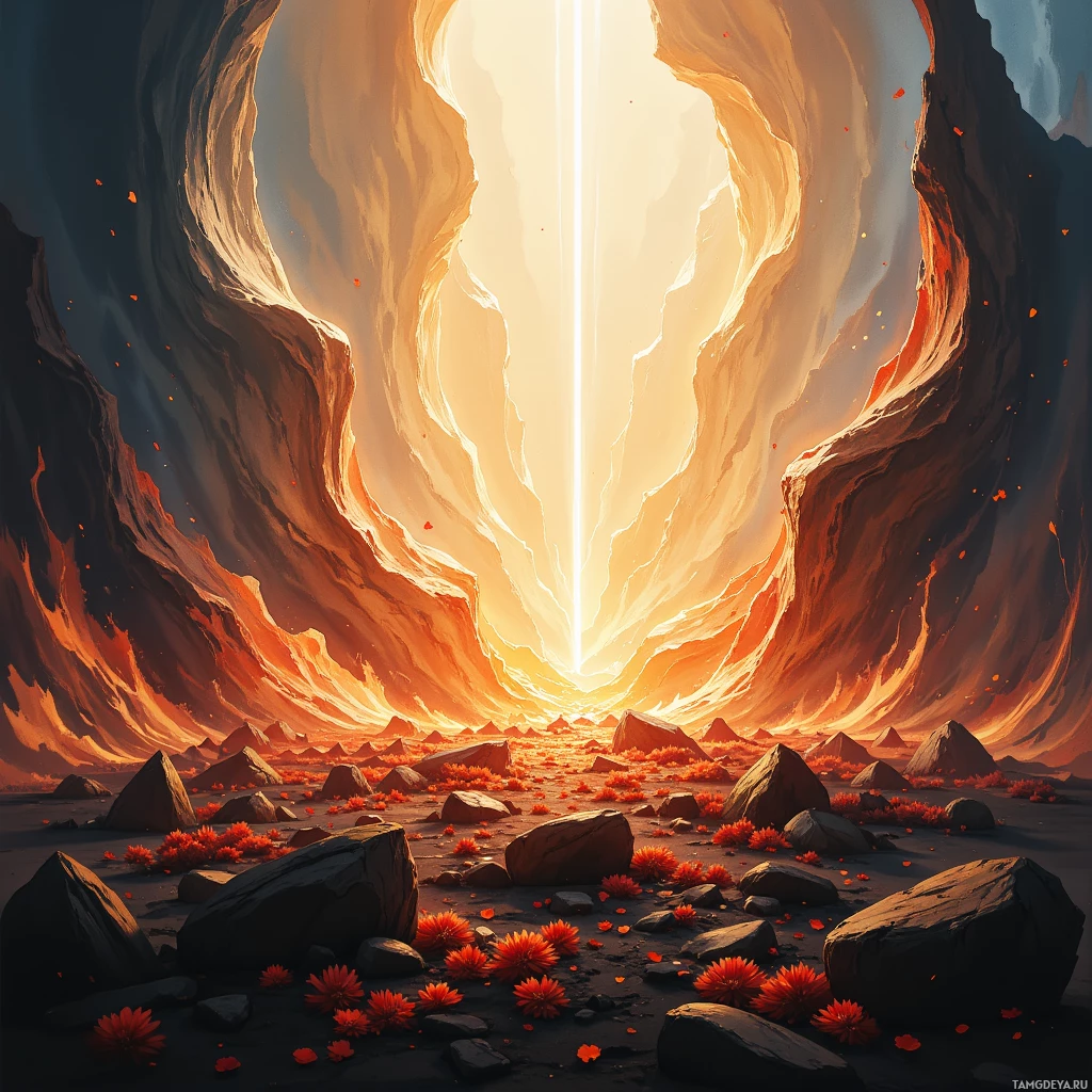 A dramatic, fiery landscape with a glowing light source at the horizon, rocky terrain, and scattered red flowers.