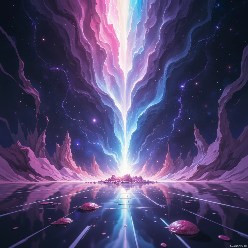 A vibrant, cosmic scene with a glowing light beam descending from the sky, reflected on a calm surface below, surrounded by jagged, alien-like rock formations.