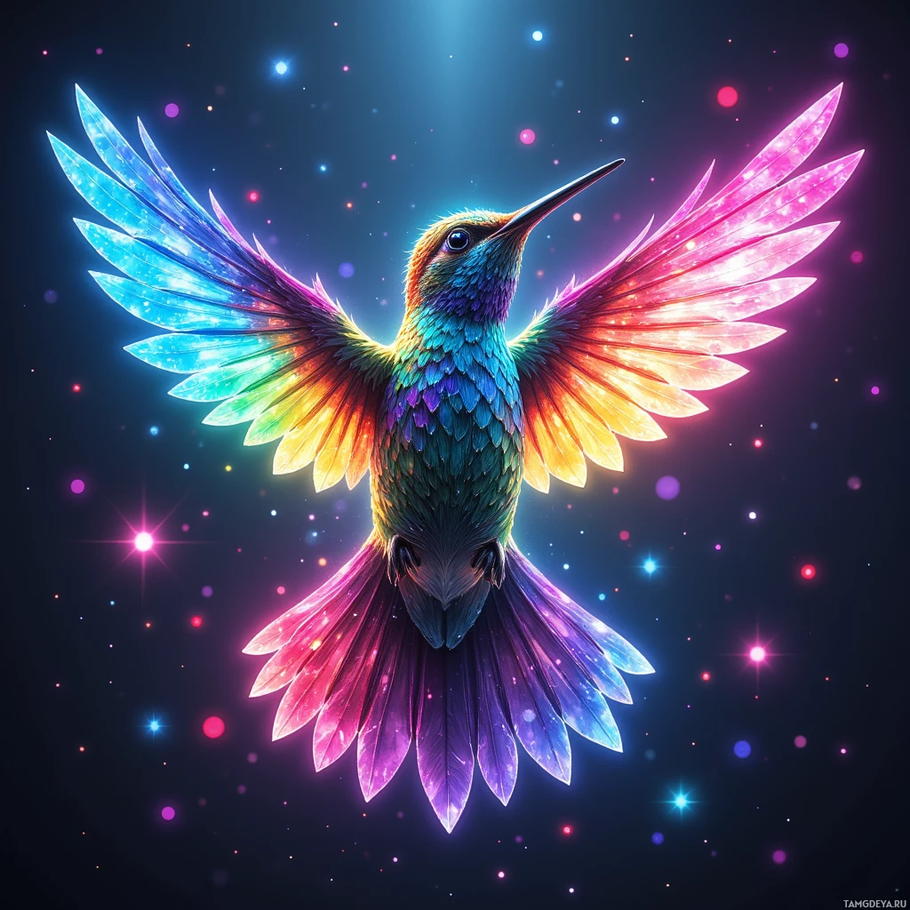 A vibrant, iridescent hummingbird with colorful wings and a glowing background.