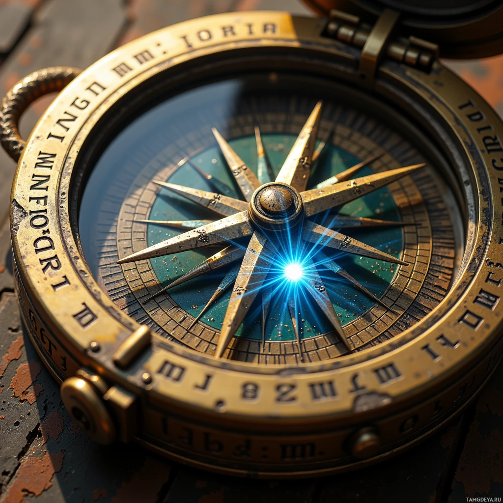 Semi-abstract image with many light, that is suitable for the post:  A hand‑forged brass compass case, polished to a mirror finish, etched with intricate ancient runes, a faint blue holographic needle projecting true north, and a subtle graphene layer glinting beneath a hidden solar cell.