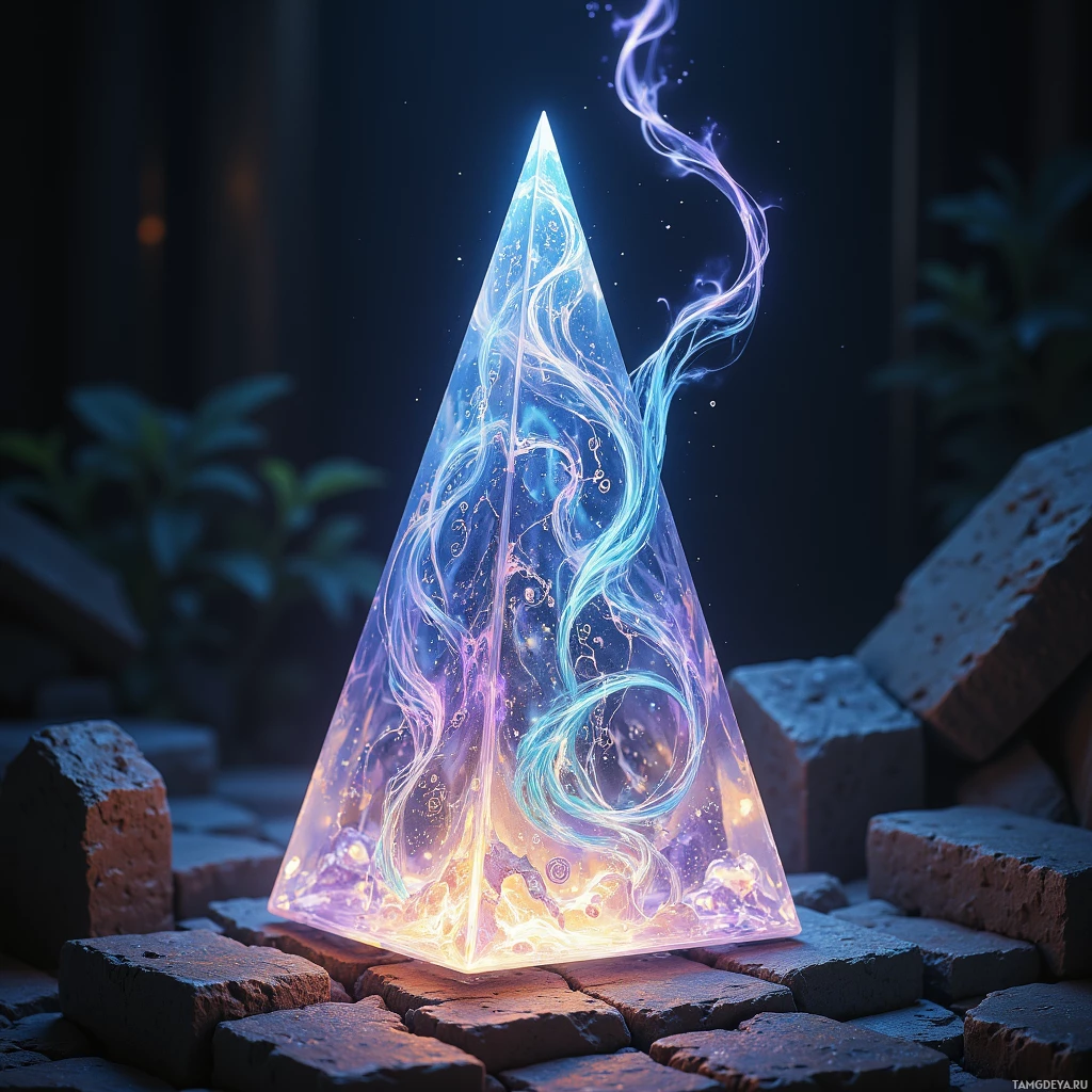 A glowing, pyramid-shaped object with swirling patterns emits light and smoke, resting on a stone surface.