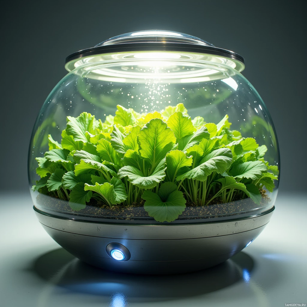 A spherical terrarium with green leafy plants inside and a glowing light at the top.