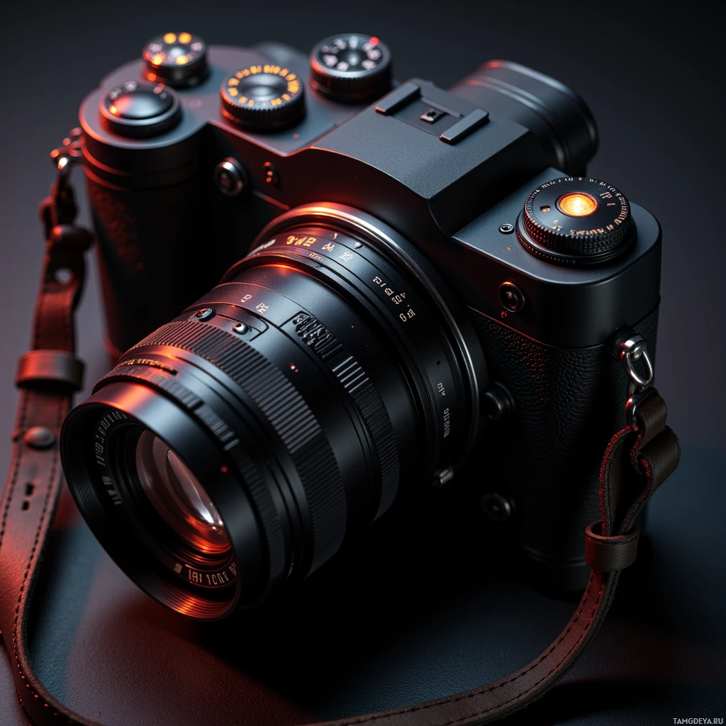 Semi-abstract image with many light, that is suitable for the post:  Leica‑style camera body with a sleek matte black finish, a soft leather strap, a small amber‑lit sensor on the back, polished metal controls, and subtle mood‑triggered glow.