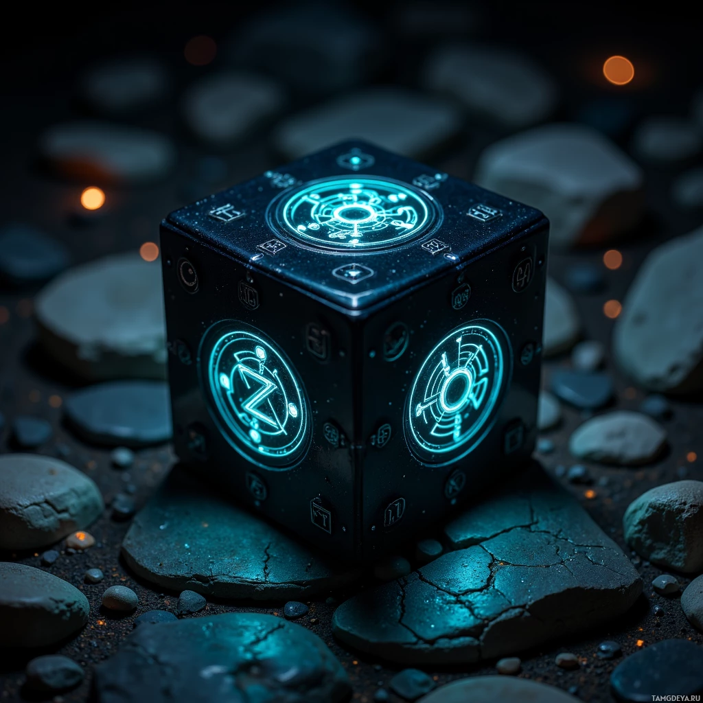 A glowing, futuristic cube with illuminated symbols and patterns sits on a bed of rocks.