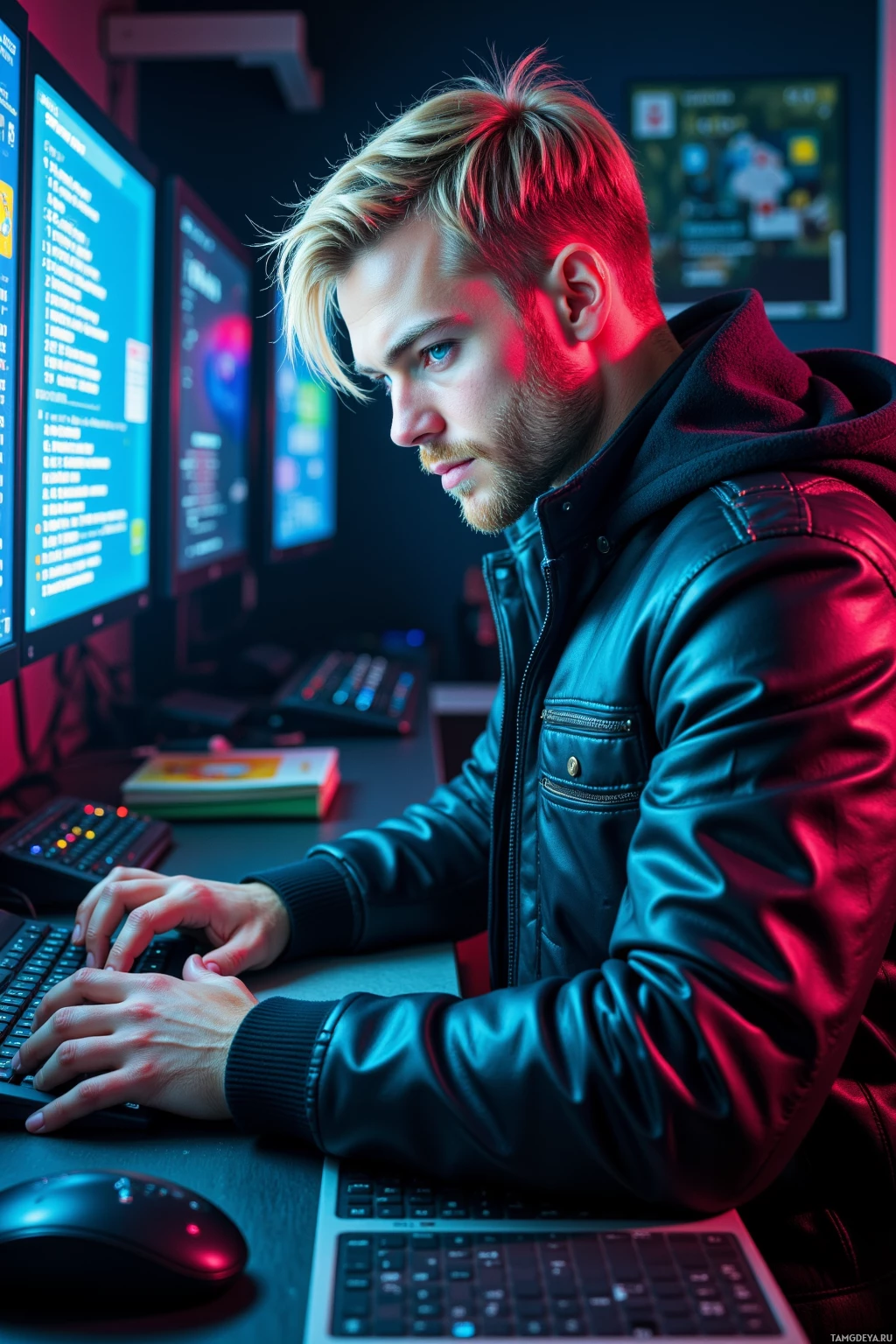 A person wearing a leather jacket is typing on a keyboard in a dimly lit room with multiple computer monitors.