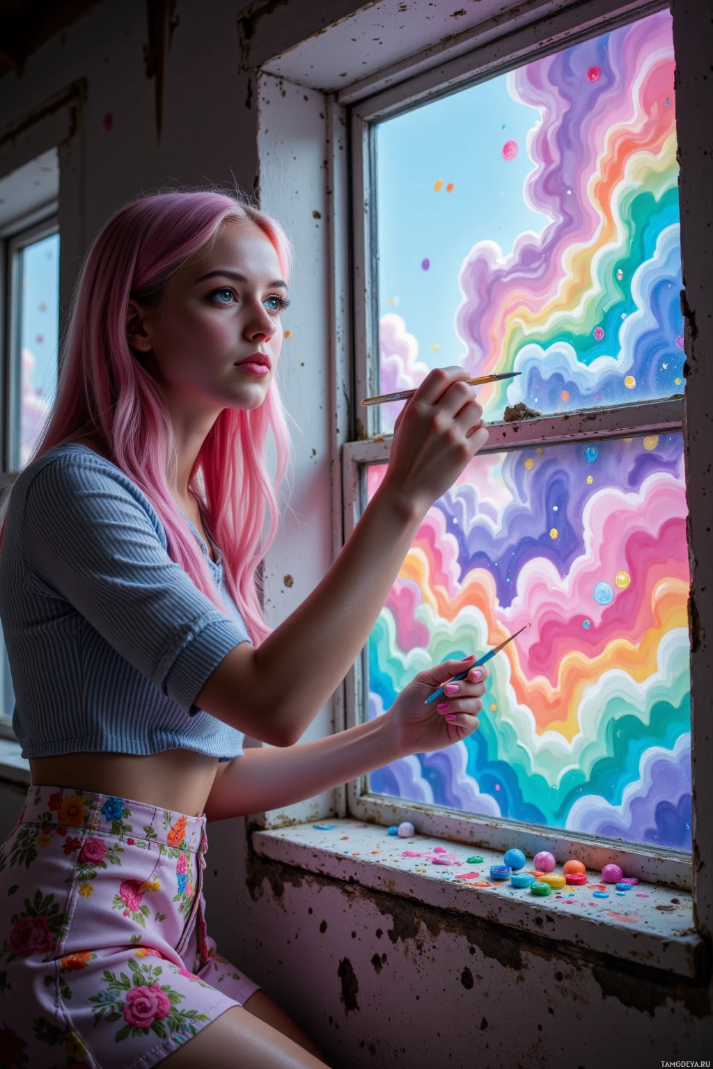 A person with pink hair is painting colorful clouds on a window using paintbrushes and small paint containers.