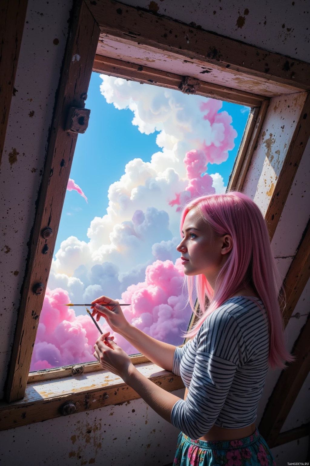 A person with pink hair looks out a window at a surreal sky with pink and white clouds.
