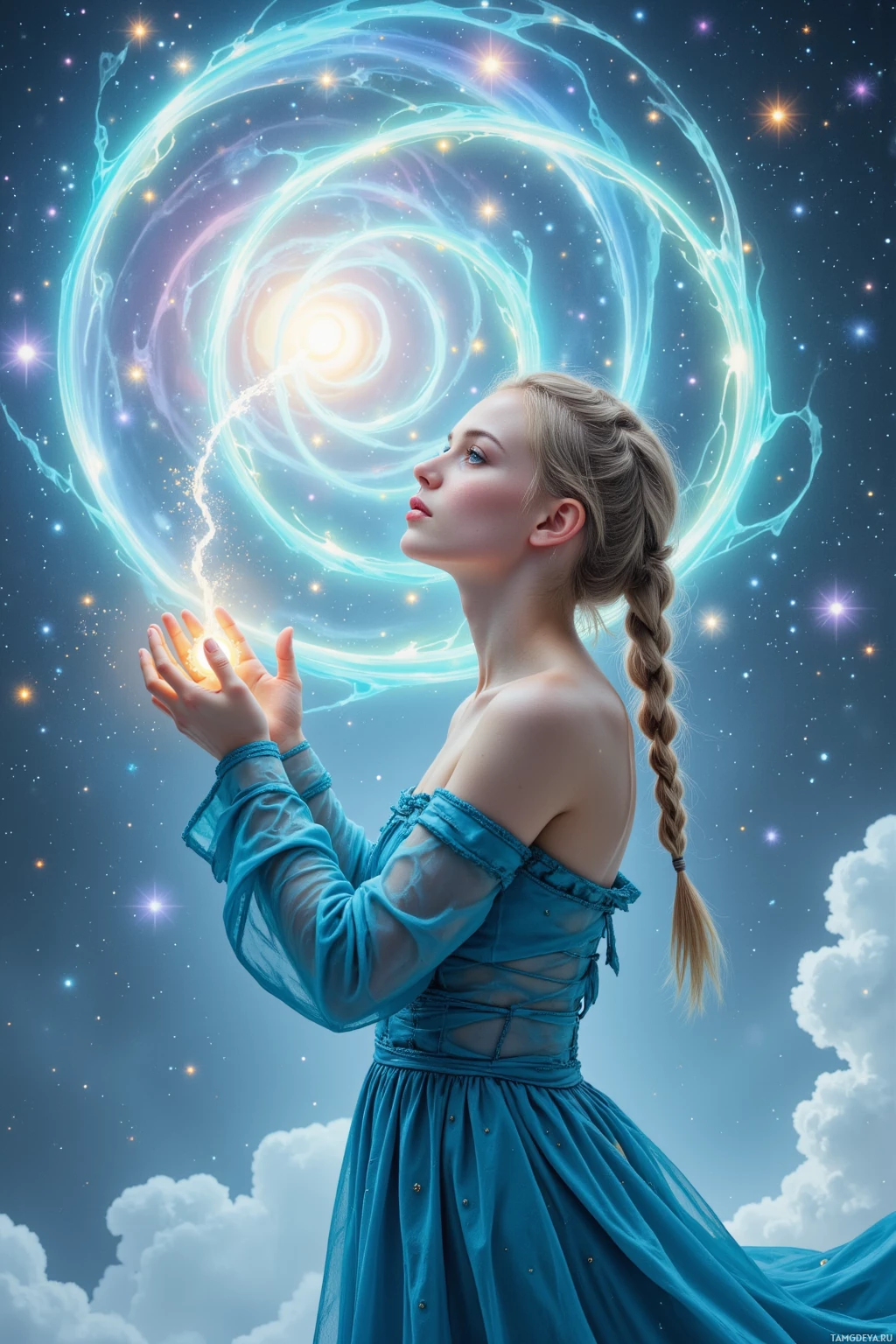 A young woman in a blue dress holds a glowing orb, surrounded by a swirling energy field against a starry sky.