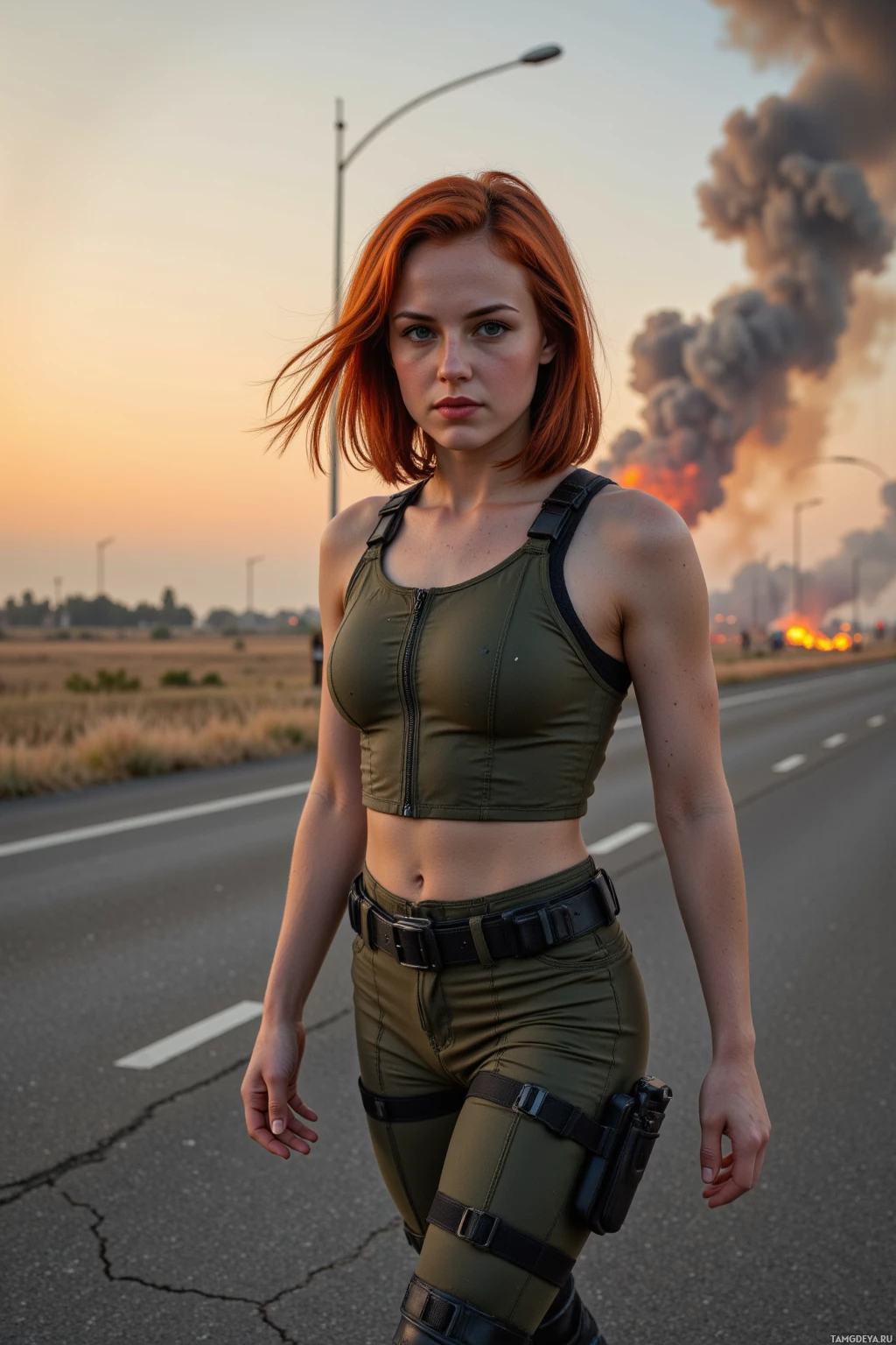 A person in tactical attire stands on a road with a backdrop of smoke and fire.