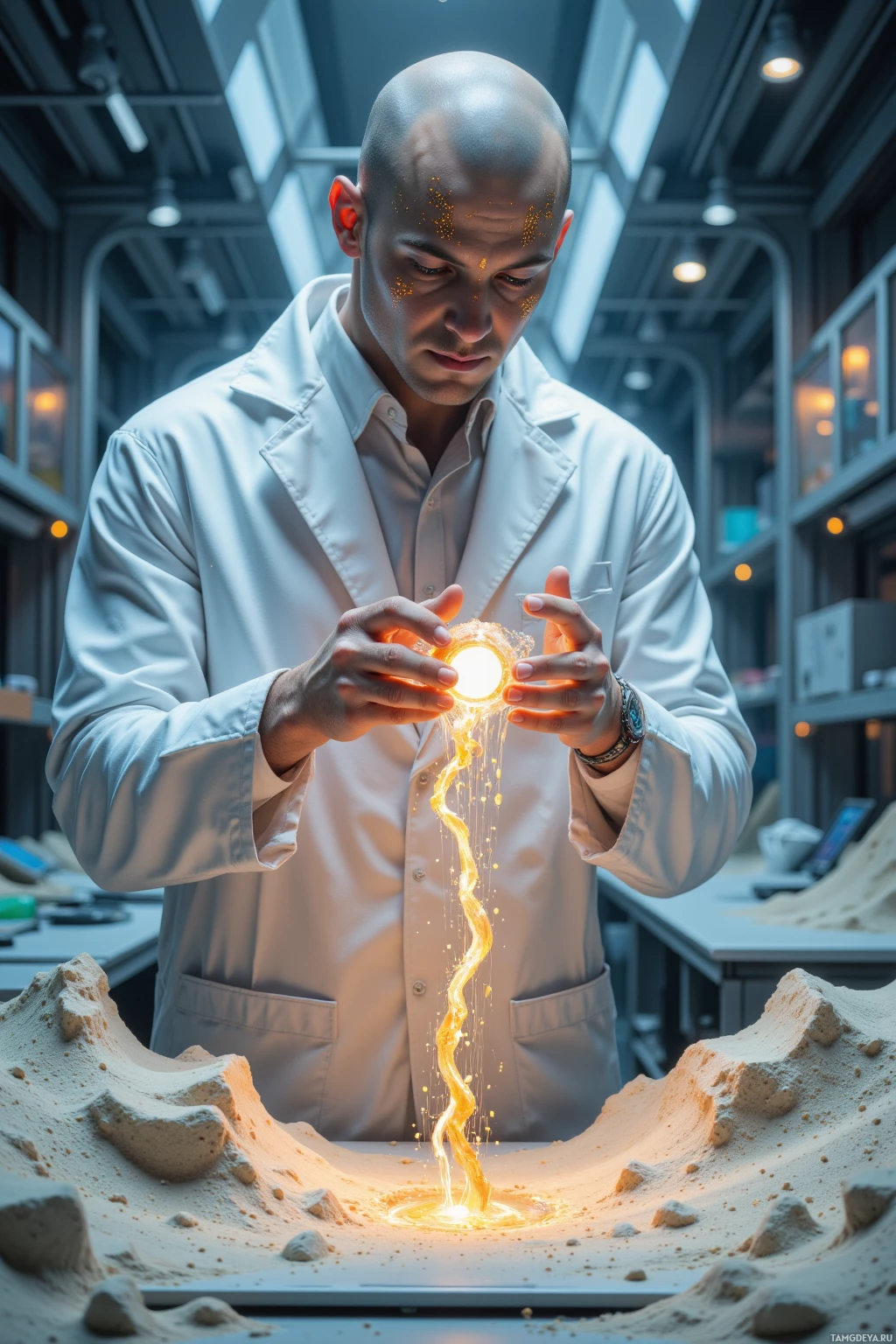 A scientist in a lab coat holds a glowing, energy-filled object above a sandy landscape.