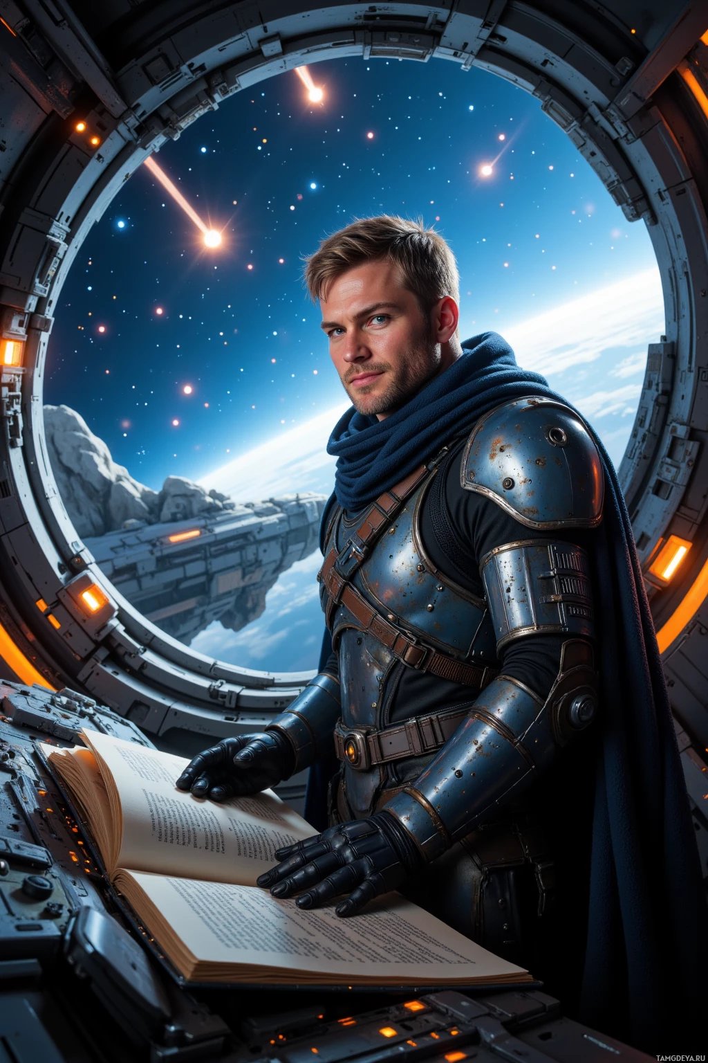 A person in futuristic armor reads an open book inside a spacecraft with a view of space and celestial bodies outside.