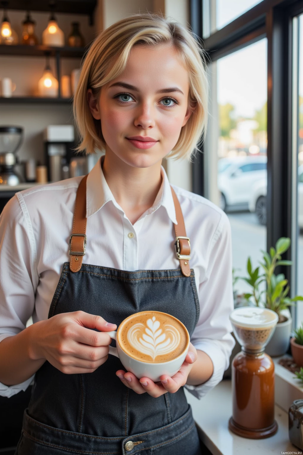 A barista holds a latte with intricate foam art in front of a coffee shop counter.