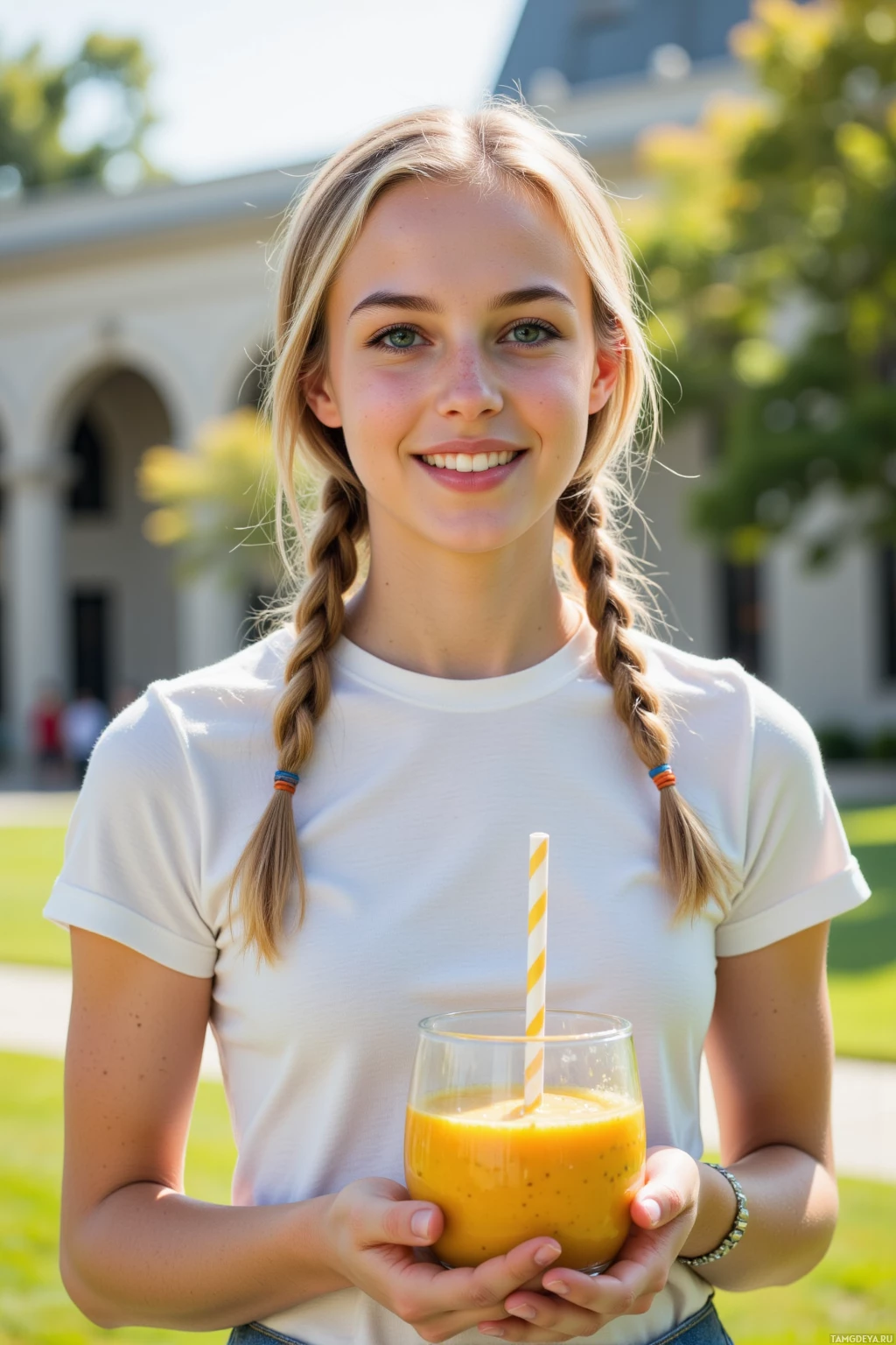 A young person with braided hair holds a glass of orange smoothie outdoors.