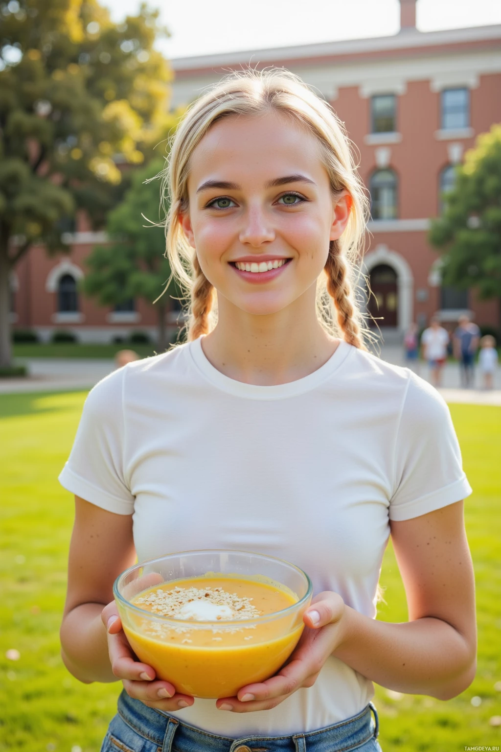 A person holds a bowl of soup outdoors in front of a building.
