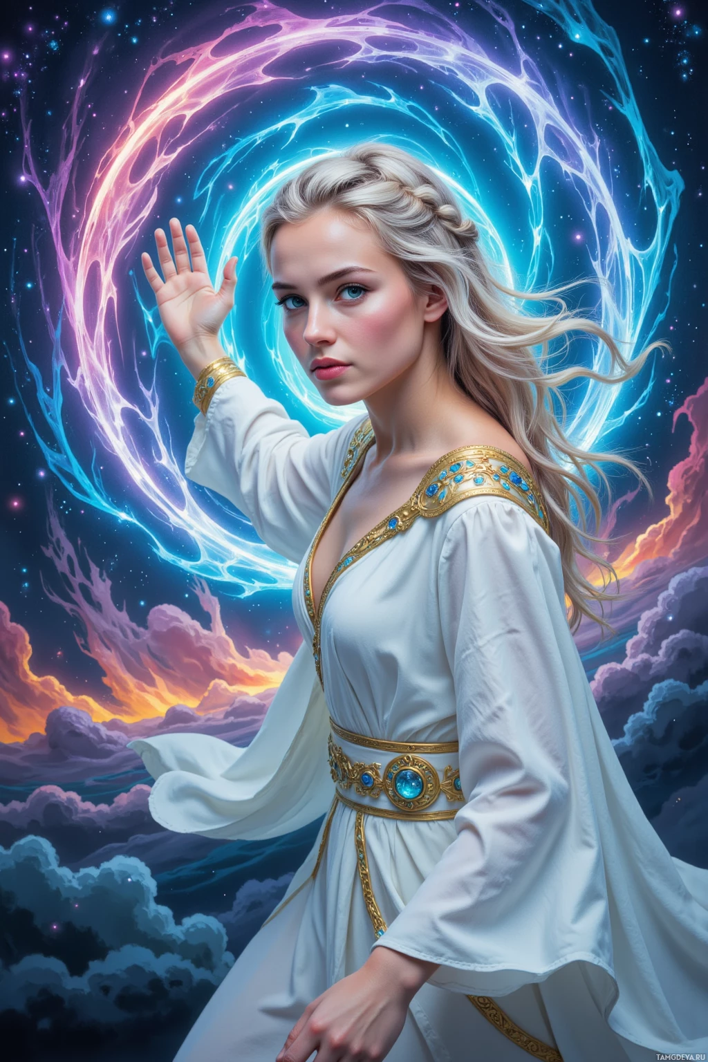 A woman in a white robe with gold and blue accents stands before a swirling cosmic background.