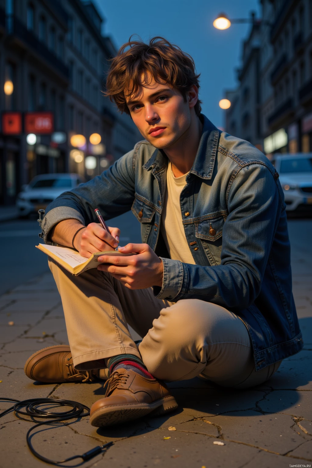A person sits on a sidewalk, writing in a notebook with a pen.