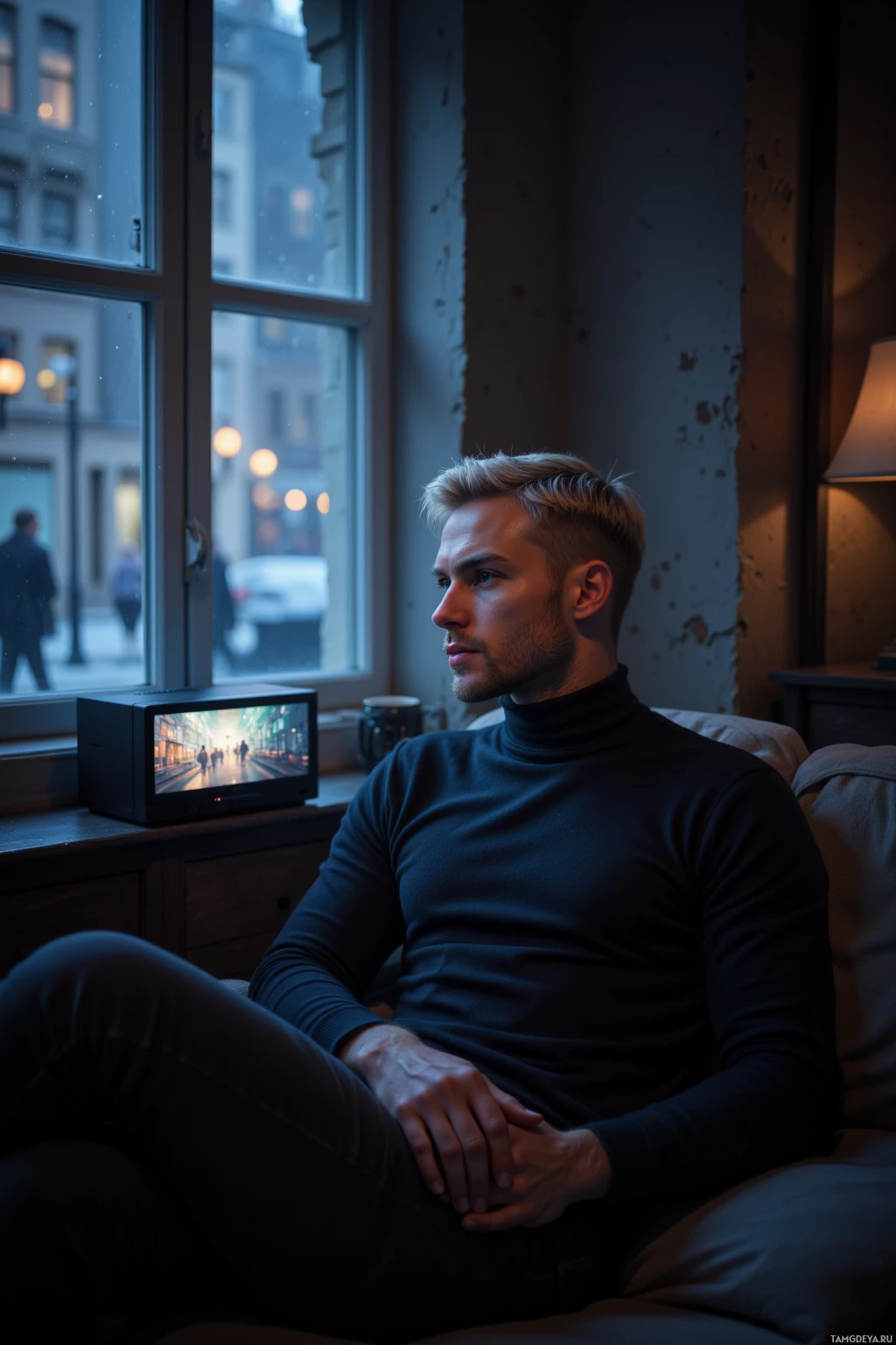 A person sits on a couch in front of a window, watching a small television displaying an urban scene.