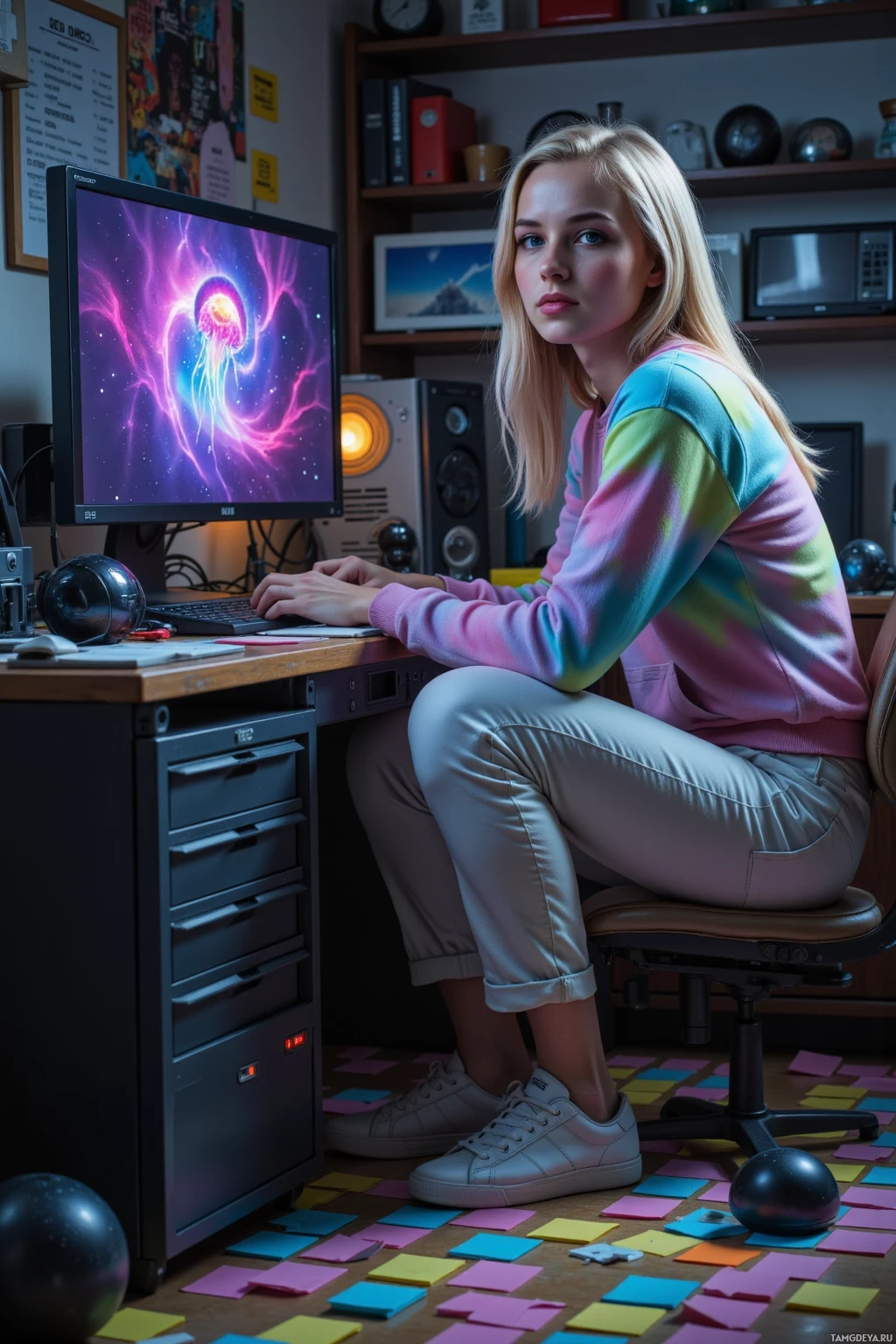 A person sits at a desk with a computer displaying a vibrant jellyfish image on the screen, surrounded by colorful sticky notes and various office items.