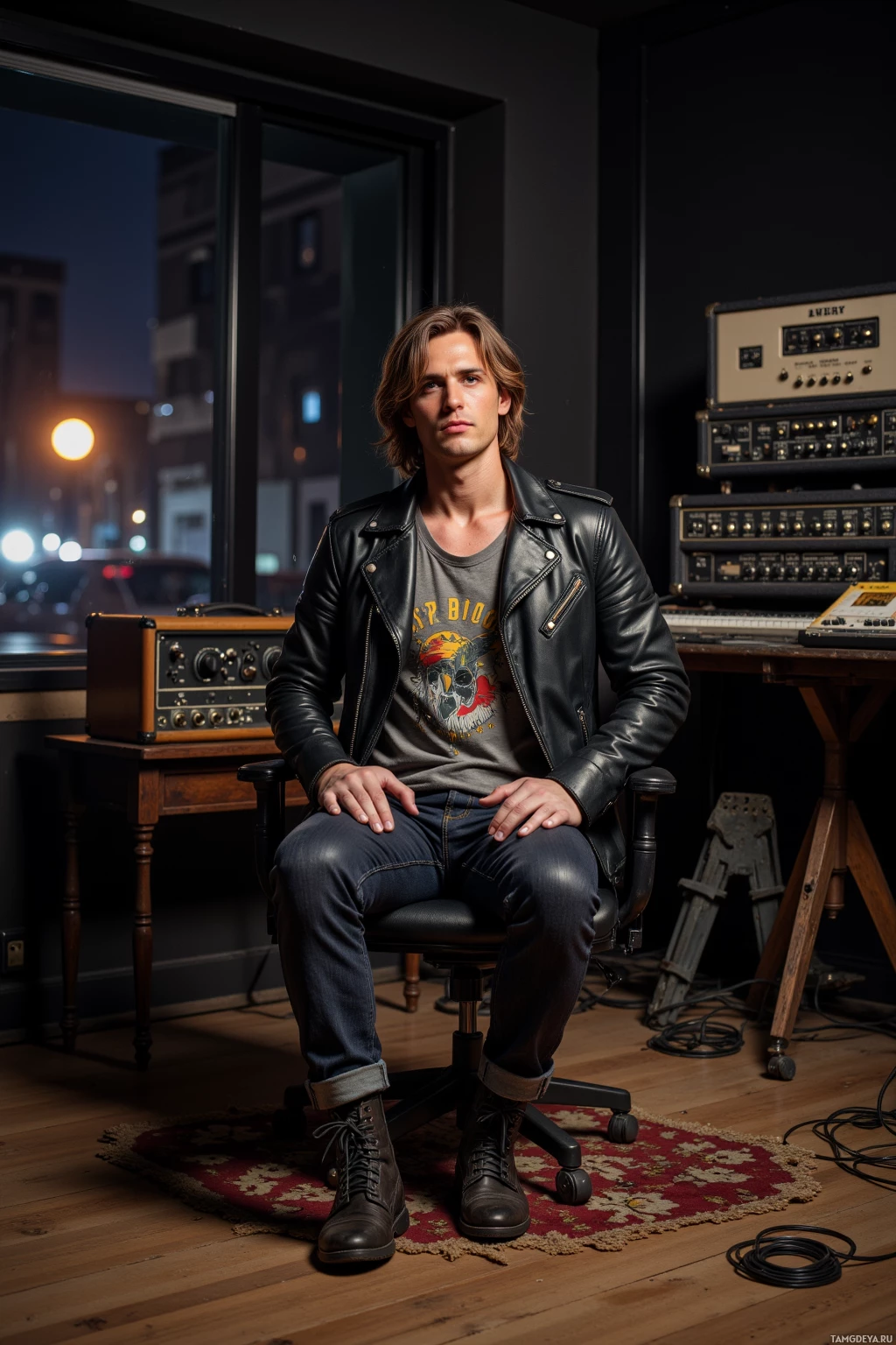 A person sits in a chair in a room with musical equipment, wearing a leather jacket and jeans.
