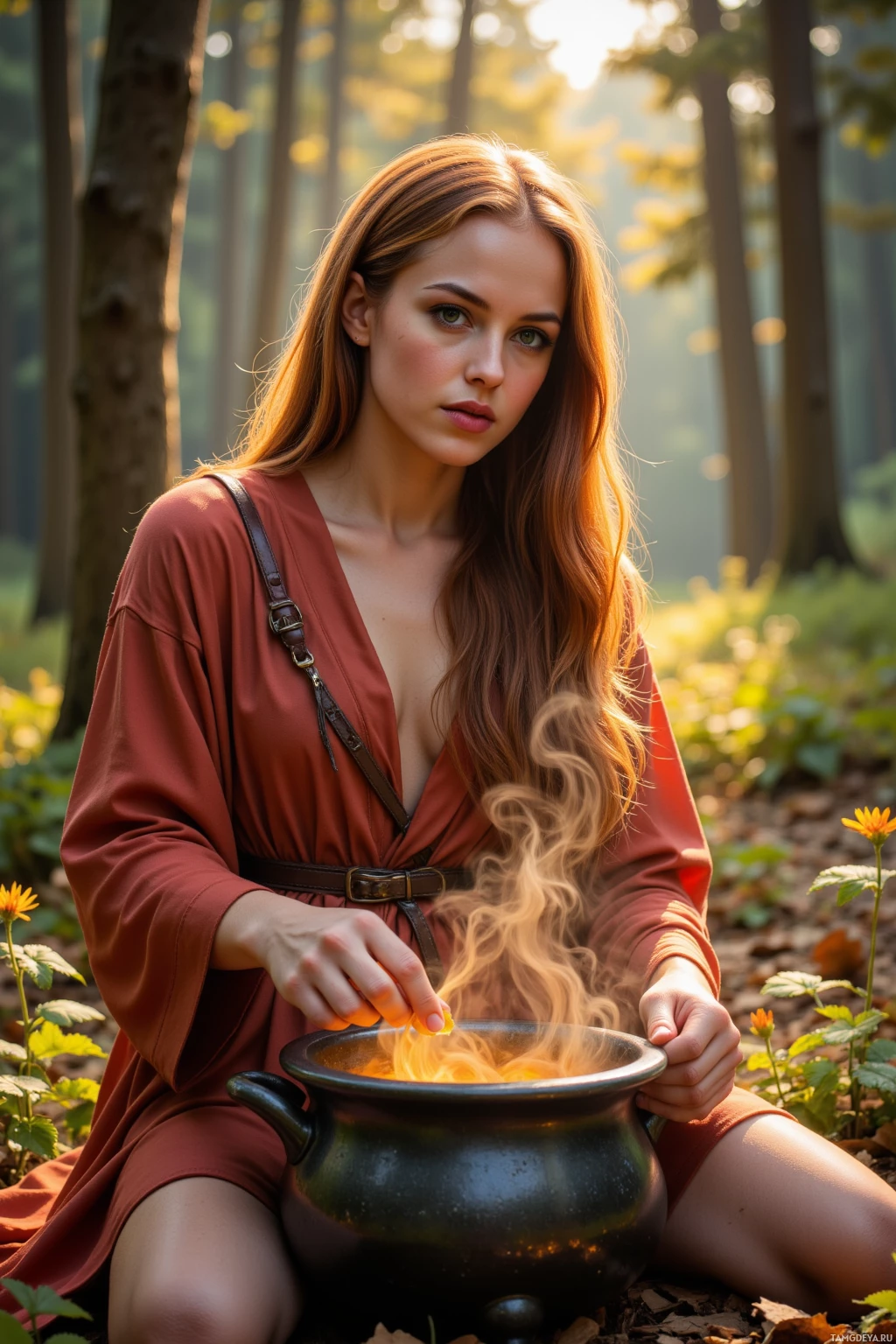 A person in a forest setting holds a steaming cauldron.