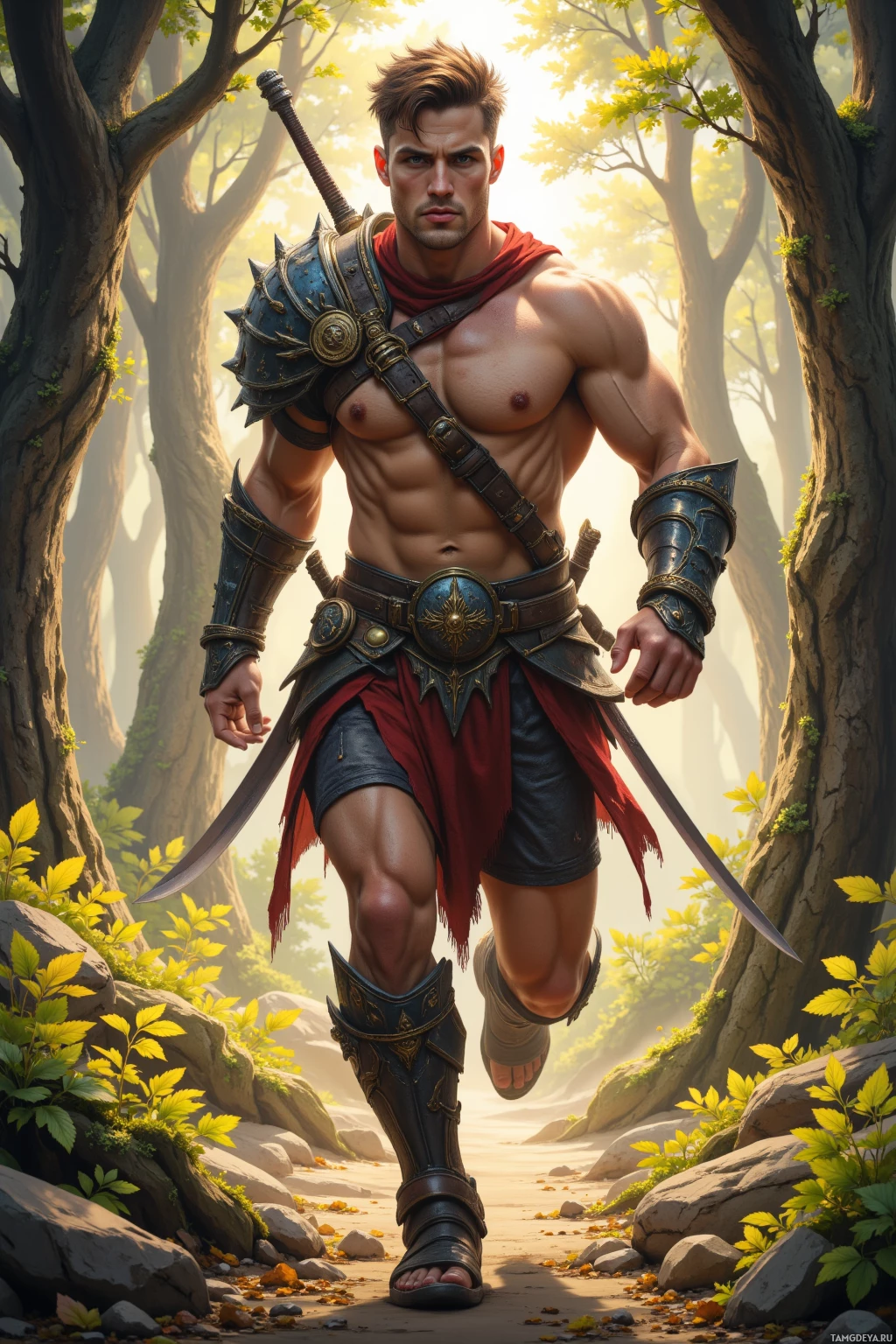 A muscular warrior in armor and red cape runs through a forest path.