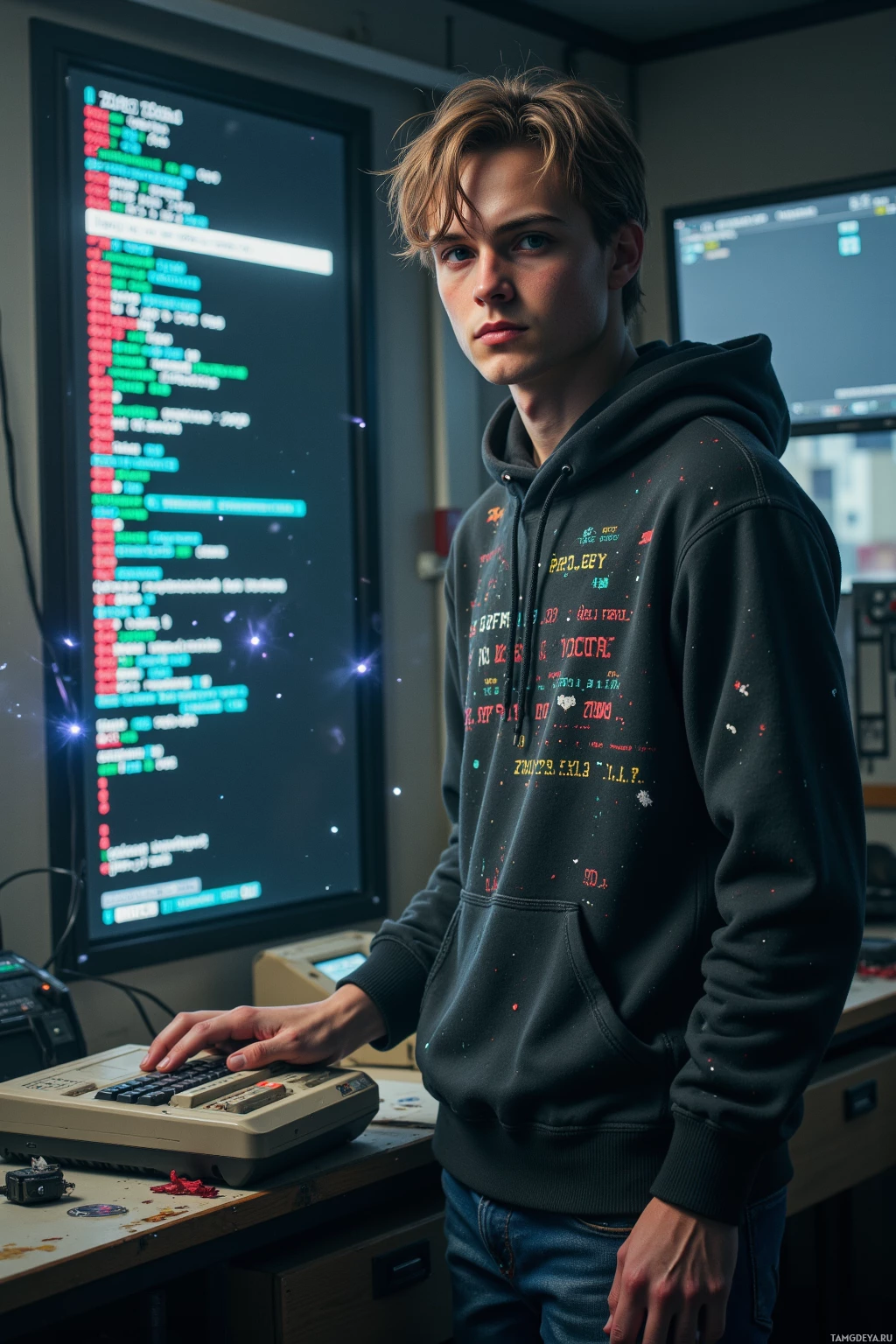 A person wearing a hoodie stands in front of a computer with colorful code displayed on the screen.