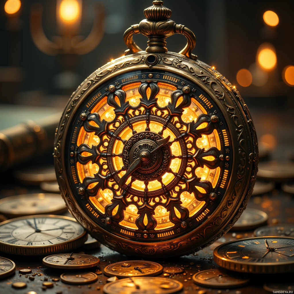 A close-up of an ornate, illuminated pocket watch surrounded by coins.