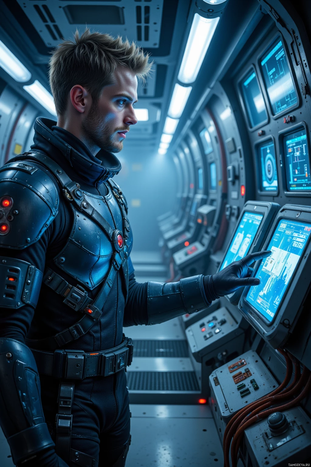A person in futuristic armor operates a control panel in a high-tech environment.