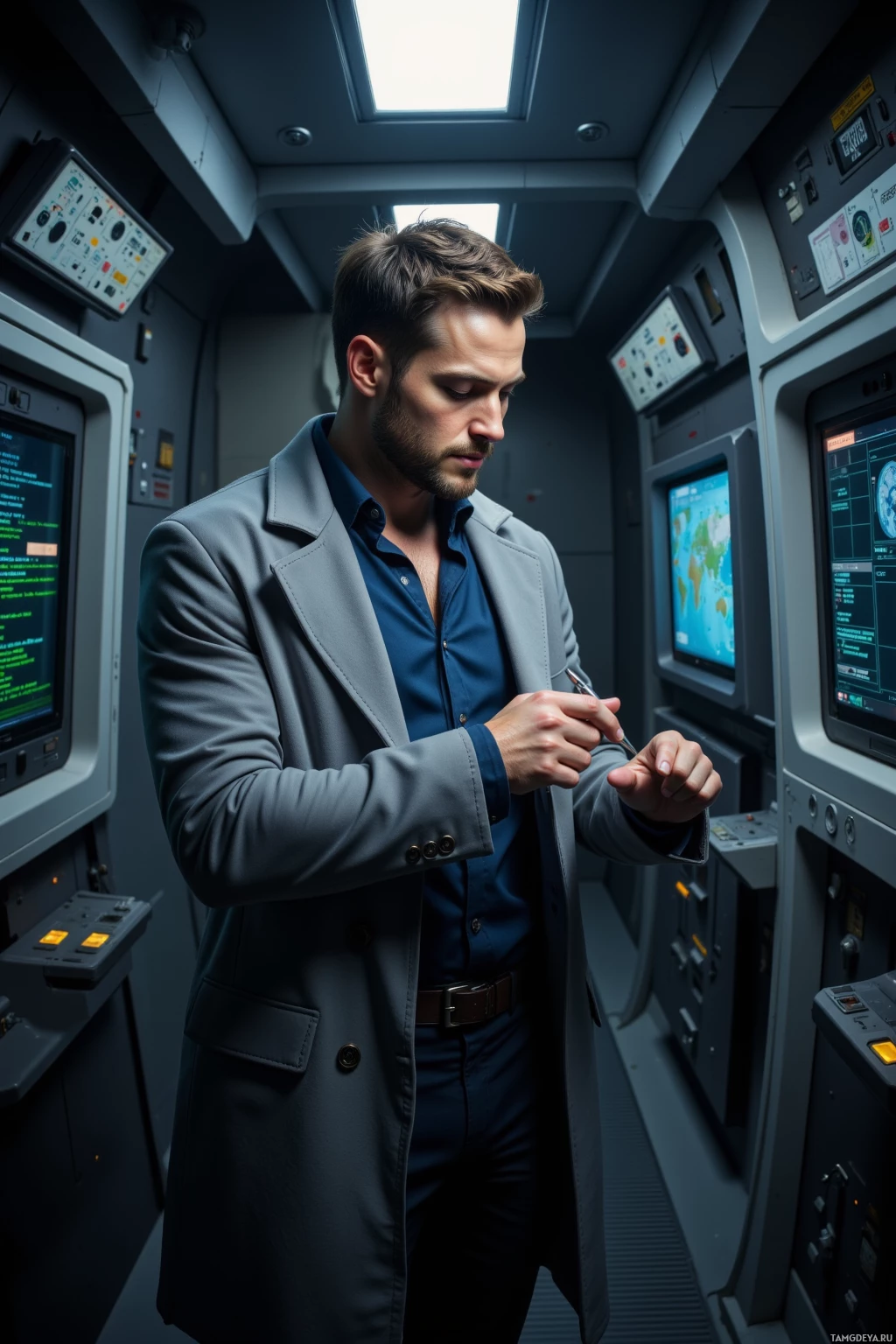 A man in a suit is adjusting his watch inside a high-tech control room with multiple screens and panels.