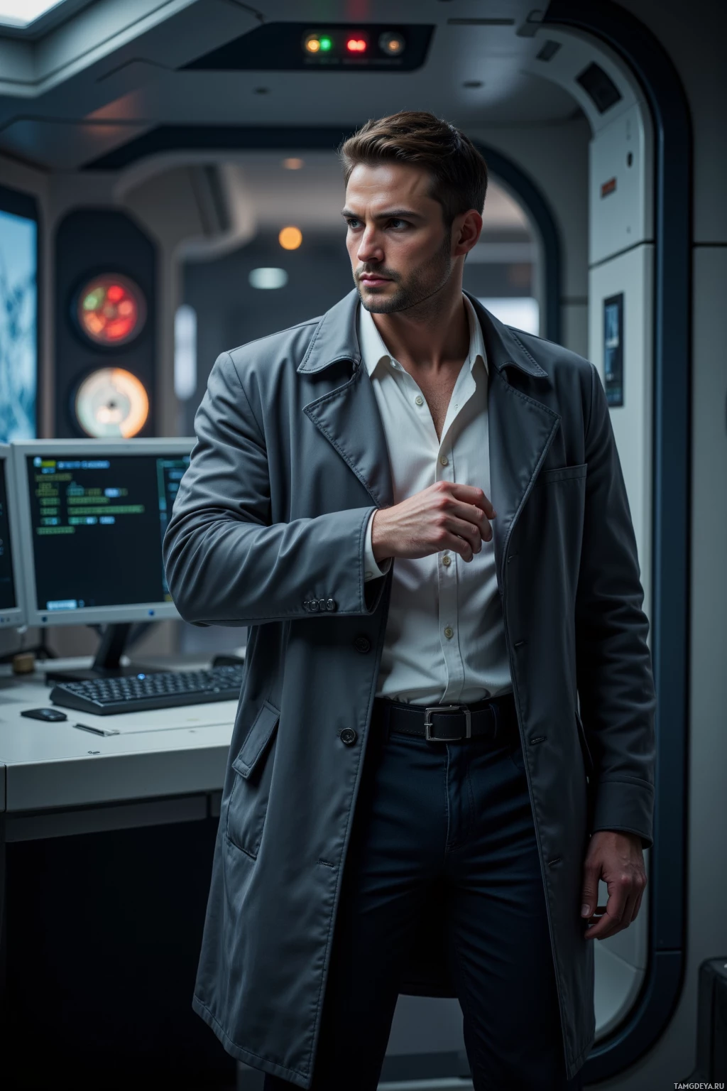 A man in a lab coat stands inside what appears to be a futuristic control room.