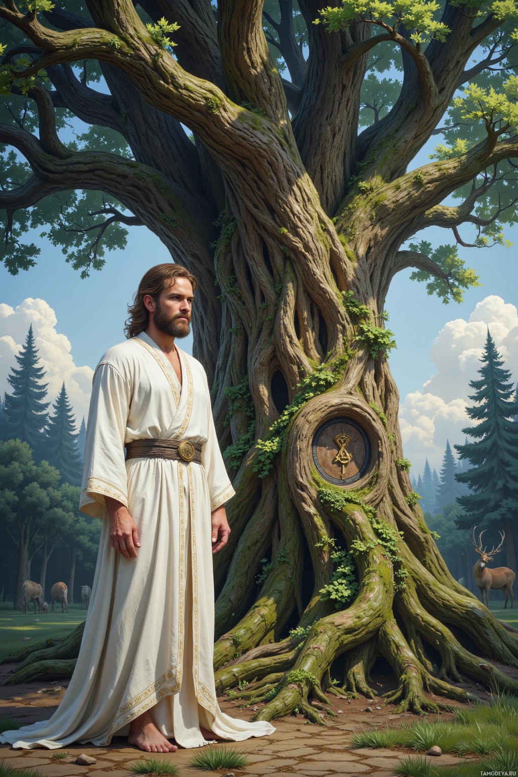 A man in a white robe stands beside a large, ancient tree in a serene forest setting.
