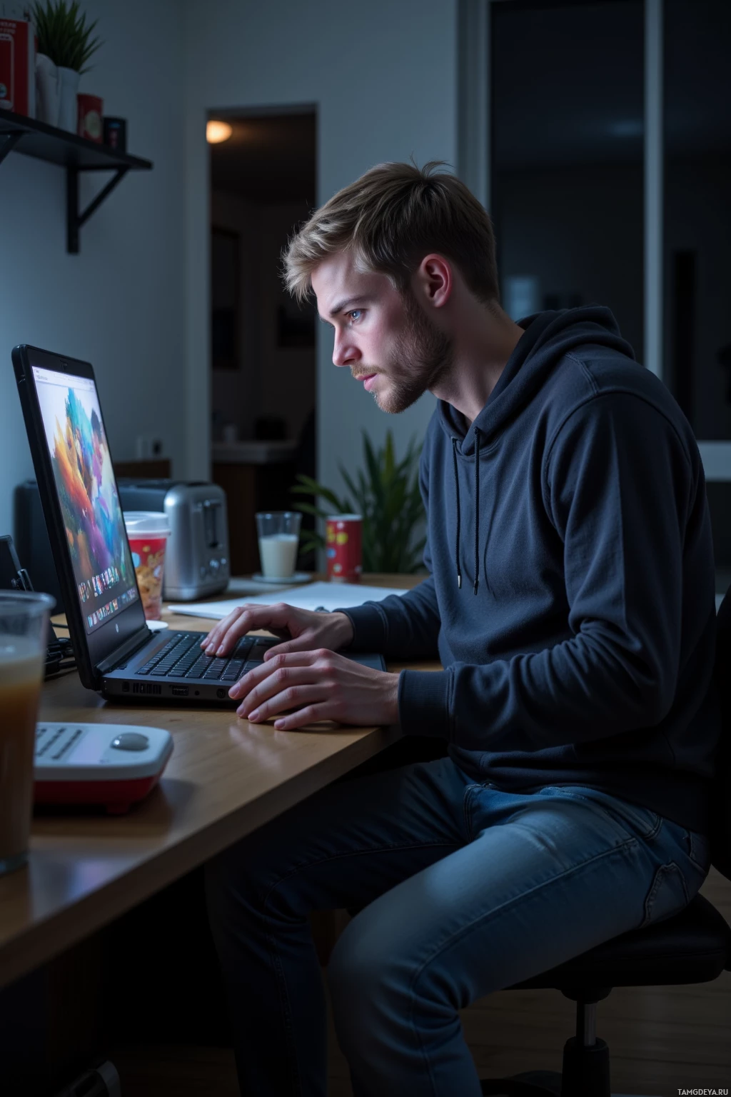 A person is sitting at a desk working on a laptop in a dimly lit room.