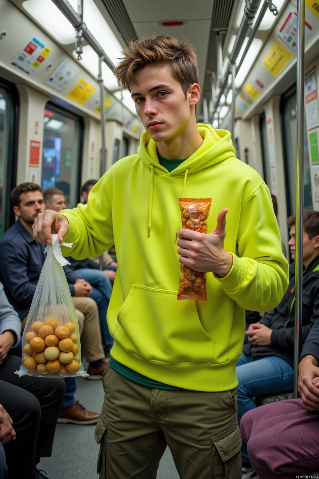 A person in a bright yellow hoodie holds a snack and a bag of oranges on a subway train.