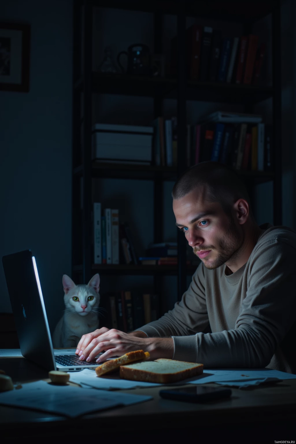 A man works on a laptop at a desk with a cat sitting nearby, surrounded by books and papers.
