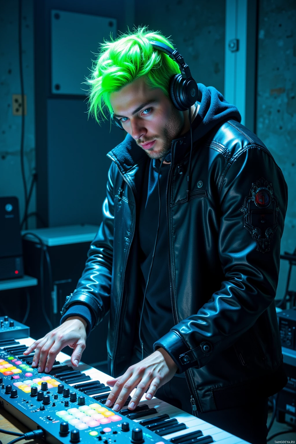 A person with green hair wearing headphones and a leather jacket is playing a keyboard in a dimly lit room.