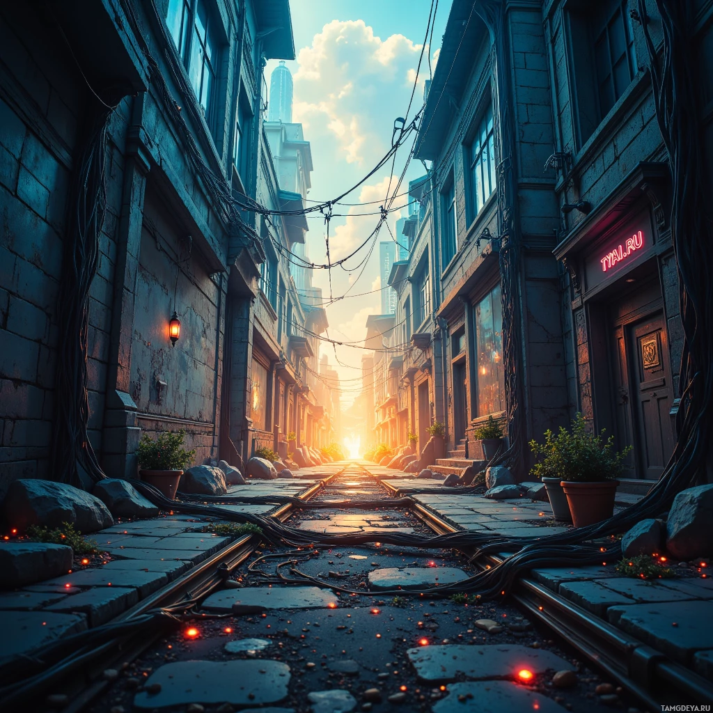 A narrow alleyway lined with old buildings and illuminated by a warm sunset.