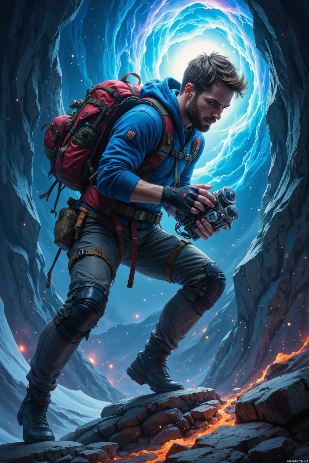 A person equipped with a backpack and gear stands on a rocky ledge, gazing into a glowing, ethereal tunnel.