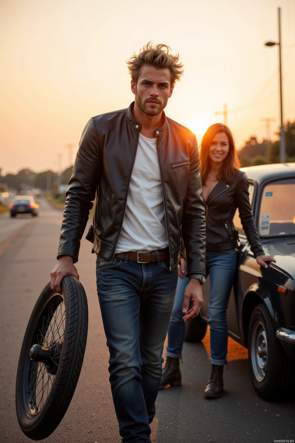 A man in a leather jacket walks with a spare tire, while a woman stands beside a car in the background.