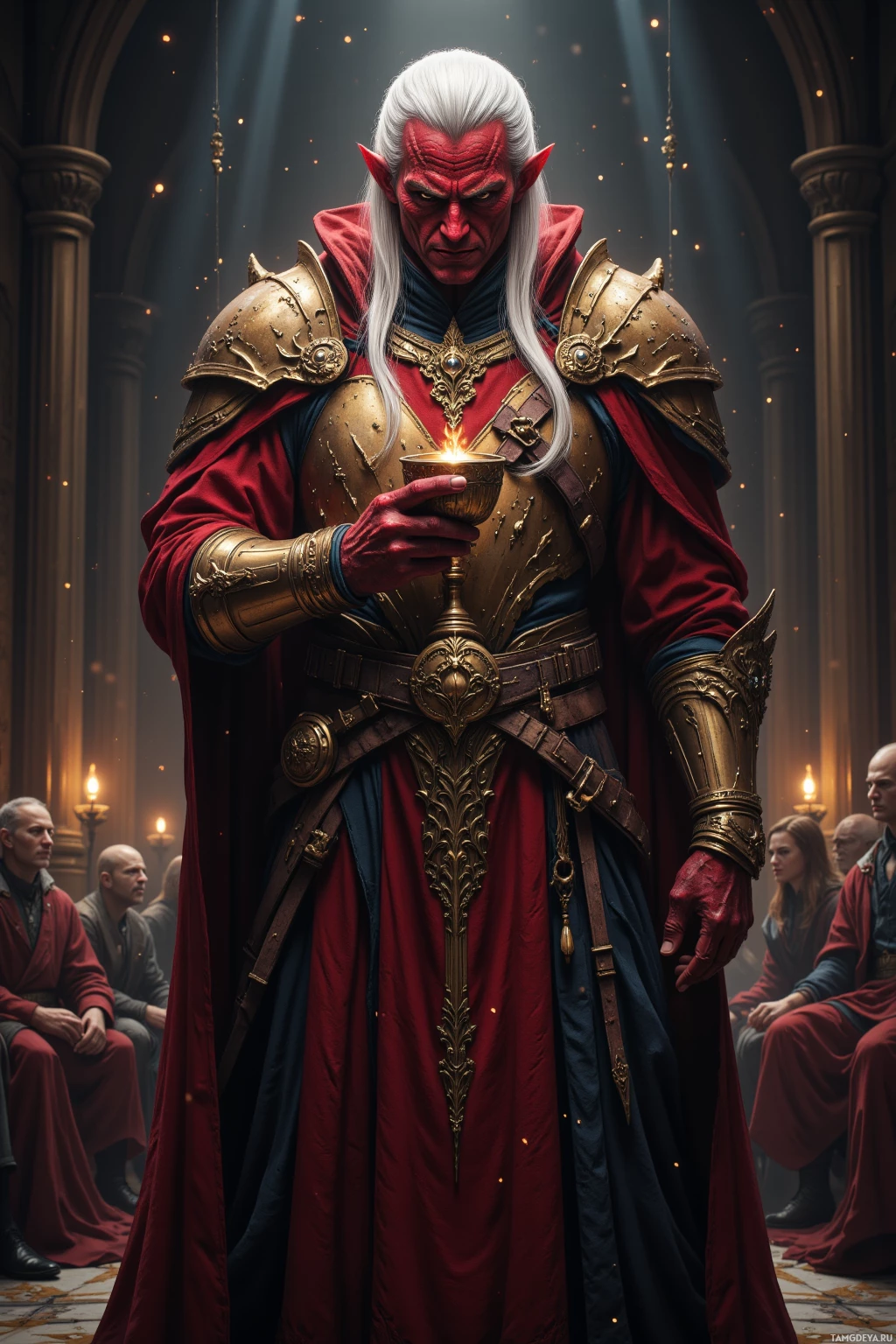 A regal figure in ornate armor and a red robe holds a glowing chalice, surrounded by others in a dimly lit hall.