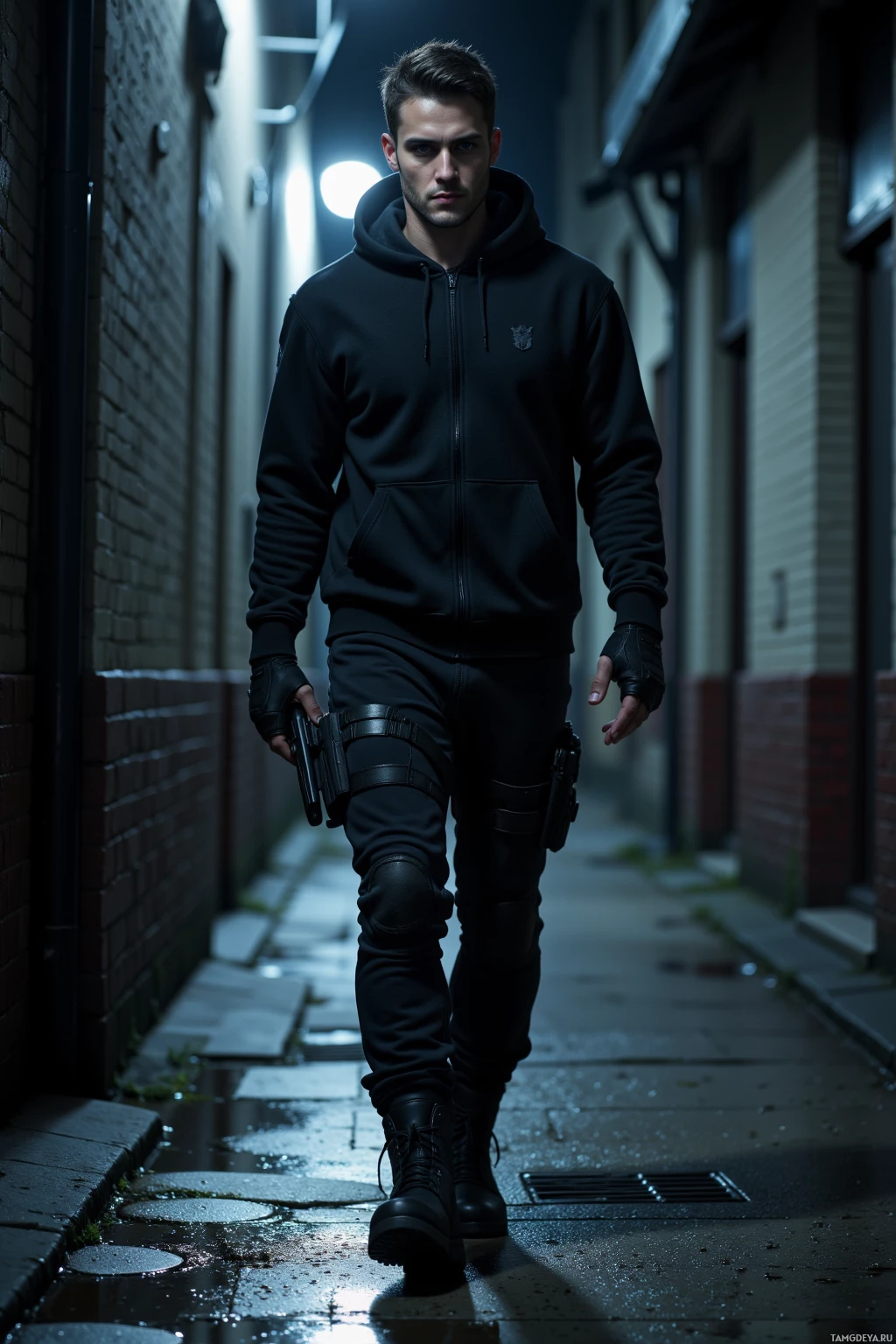 A person in a black hoodie and tactical gear walks down a dimly lit alleyway.