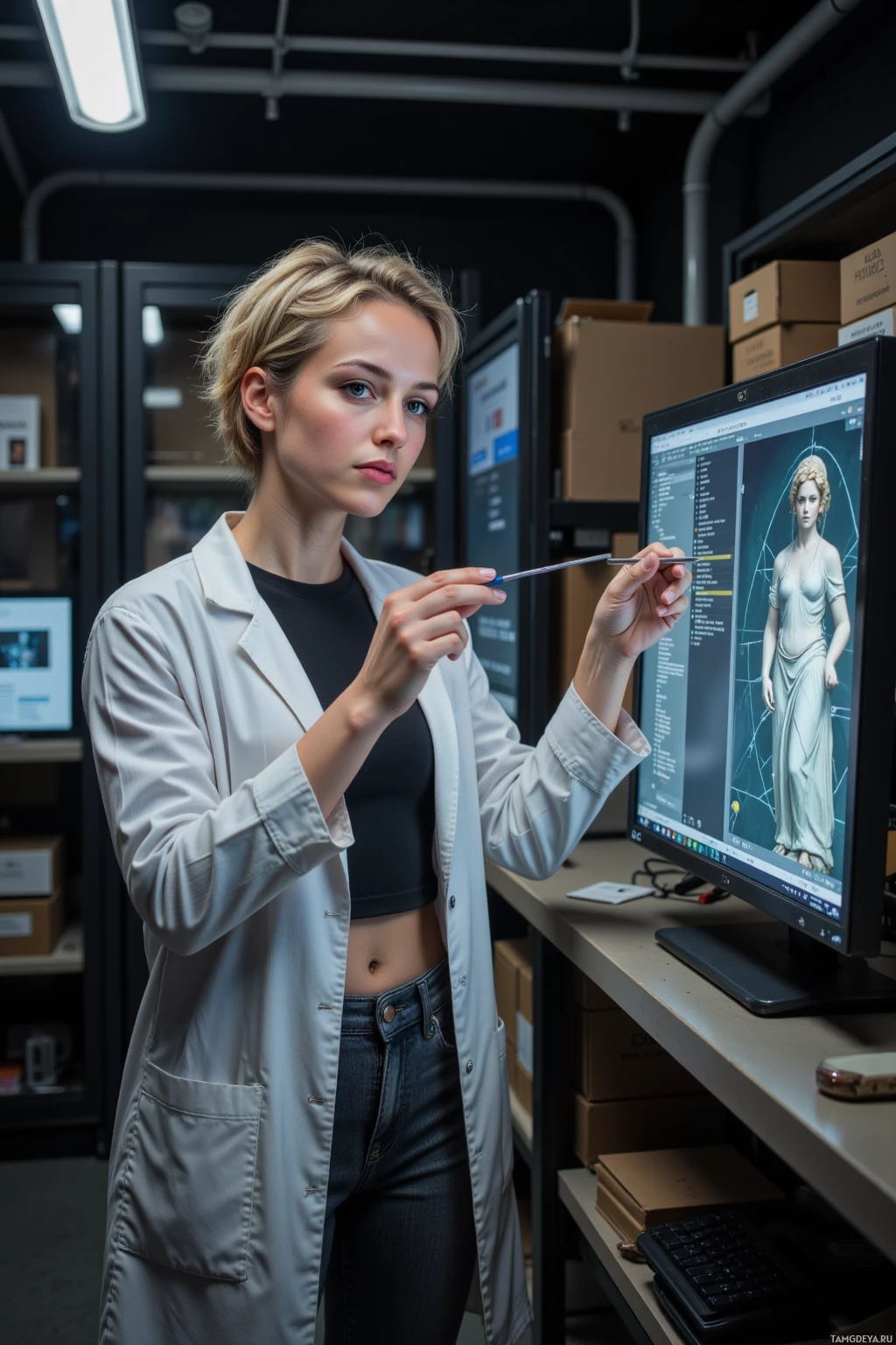 A person in a lab coat stands in a workspace, holding a tool near a computer screen displaying a 3D model.