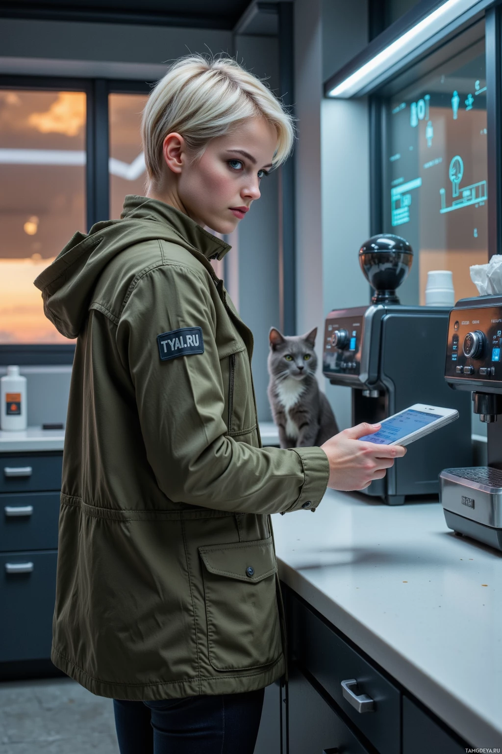 A person in a green jacket stands at a counter, holding a phone, with a cat sitting nearby.