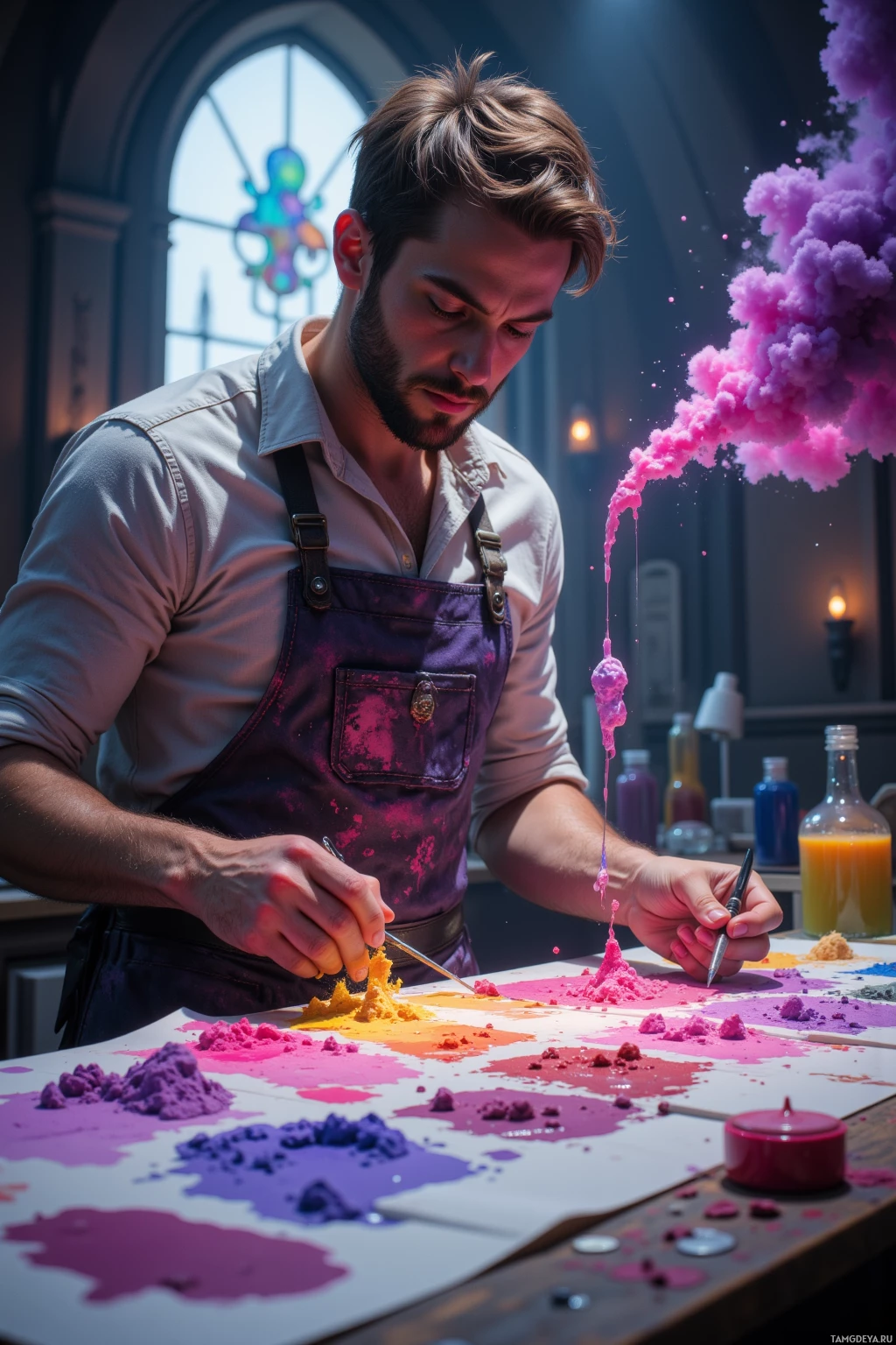 A person wearing an apron is working with colorful powders on a table.