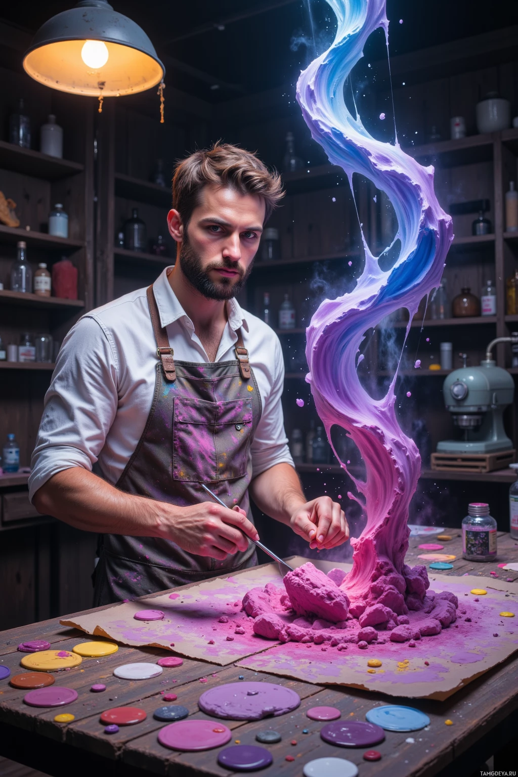 A person wearing an apron is working with colorful paint in a studio setting.