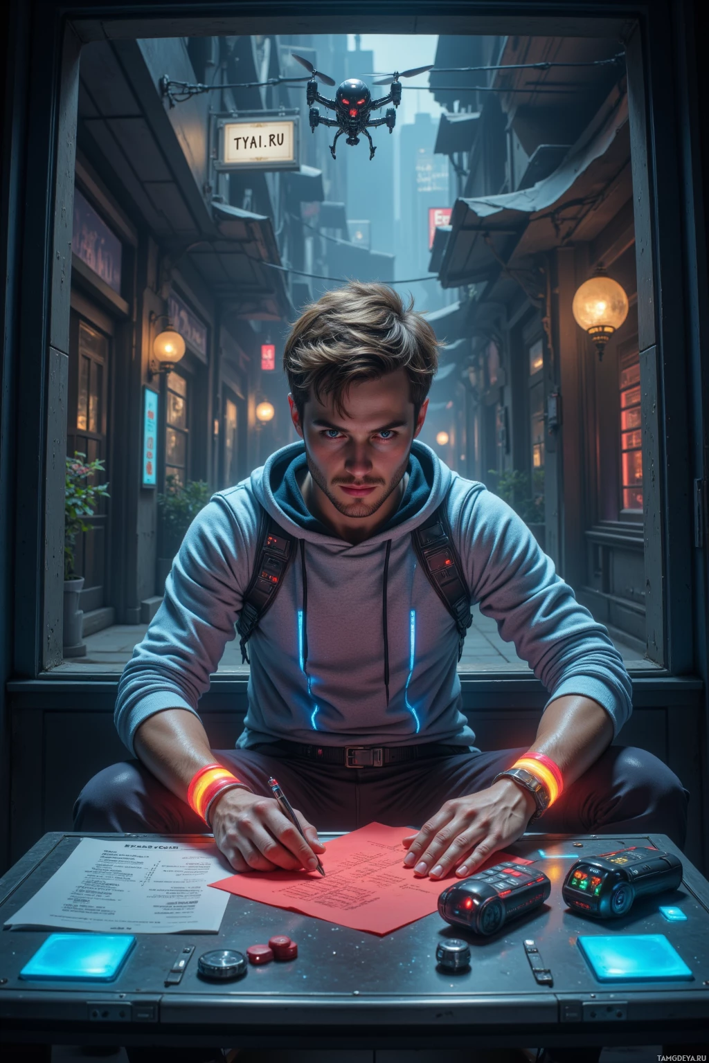 A person in a hoodie sits at a desk in a dimly lit alley, writing on a red sheet of paper with a drone hovering above.