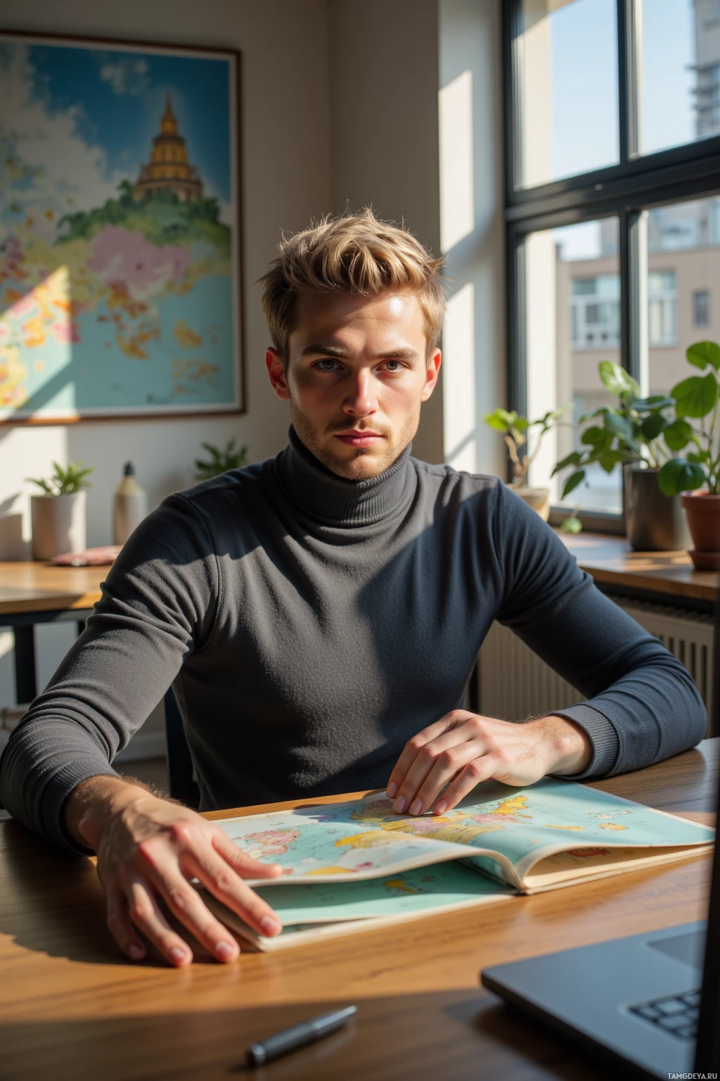 A person sits at a desk with a map and a laptop, in a room with natural light and plants.